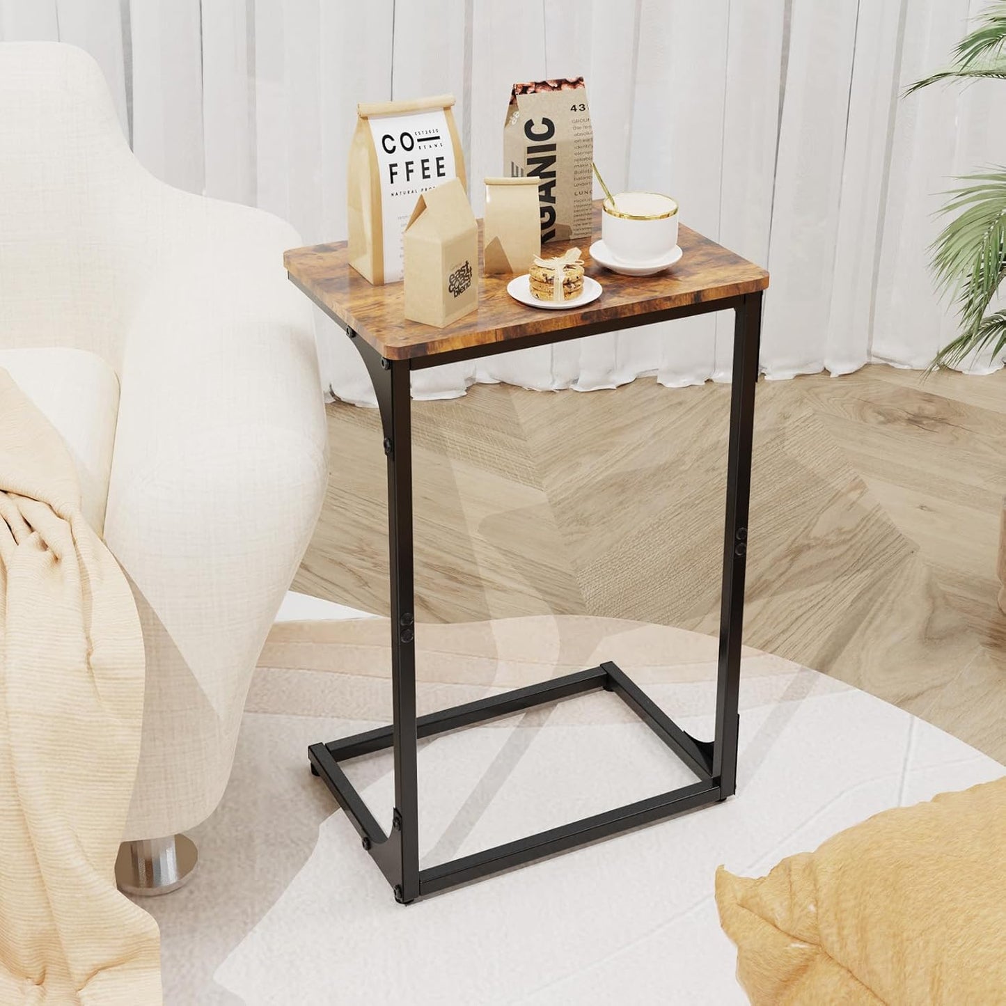 C-Shaped End Table — Slide-Under Sofa TV Tray, for Living Room / Bedroom / Home Office, Brown