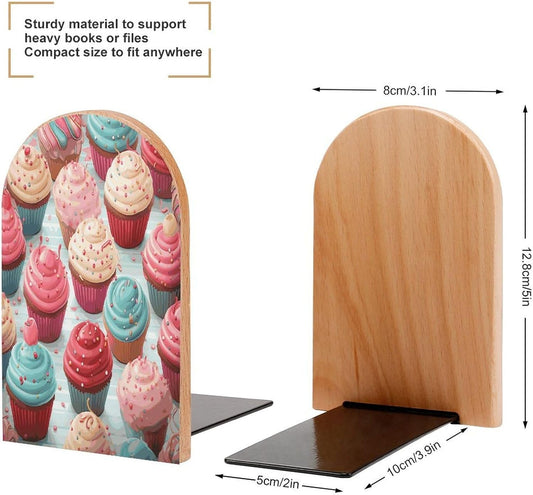 Colorful Sweet Lollipop Cupcake Donut Bookends 1 Pair Heavy Duty Book Ends for Shelves Non-Skid Bookend Supports Wooden Book Holders with Metal Base Desk Organizers Books Storage to Hold Books