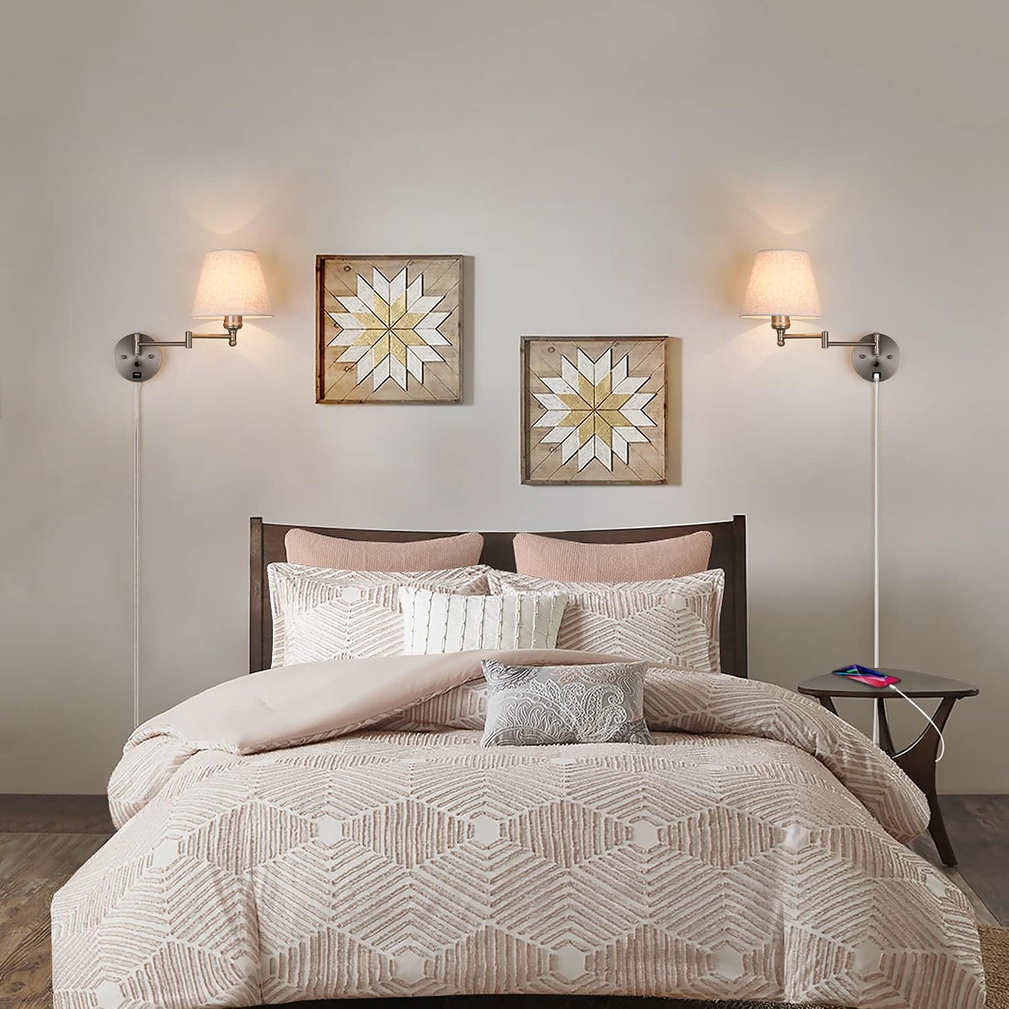 Swing Arm Wall Lamp Wall Mount Lamp with Cord Plug in Wall Sconce Lighting with Dimmable On Off Switch Wall Light with USB Port Plug in Wall Lamp for Bedroom Reading Satin Nickel Finish