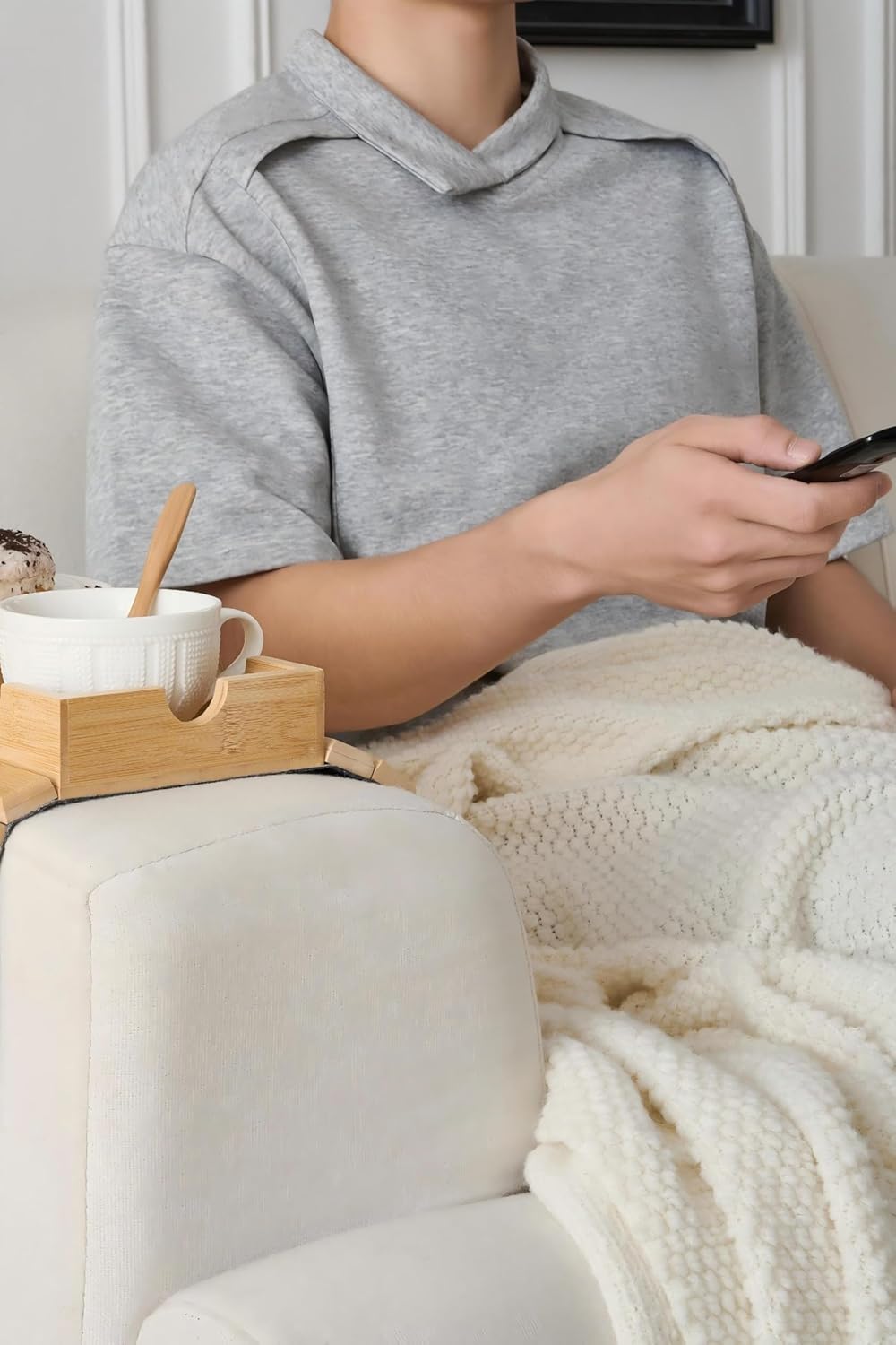 Sofa Arm Tray, Bamboo Large Couch Cup Holder with Hidden Storage, Sofa Armrest Tray Portable Anti-spill Beverage Snack Remote Holder