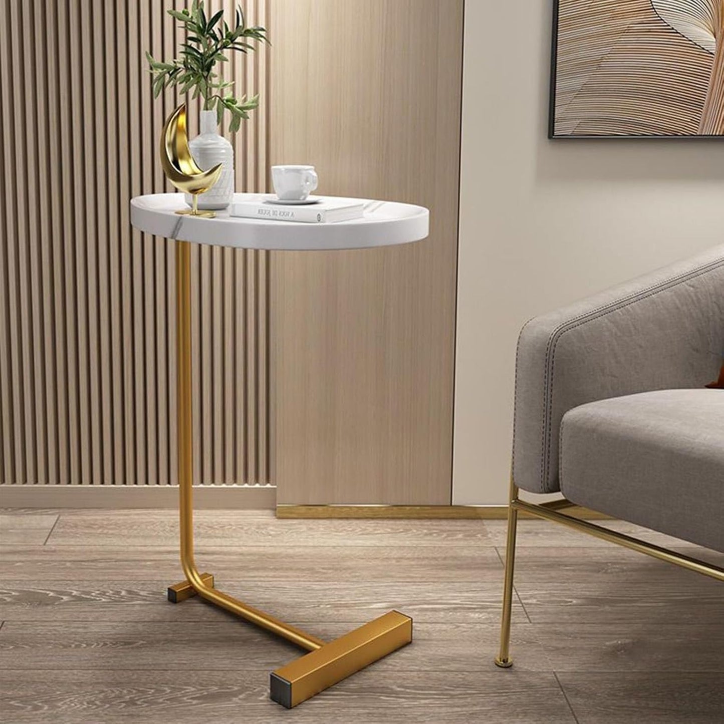 C-Shaped Modern End Table, Small Couch Side Table with Metal Legs, Nightstand for Living Room & Bedroom, Versatile Tray Table for Sofa & Armchair (Color: G)