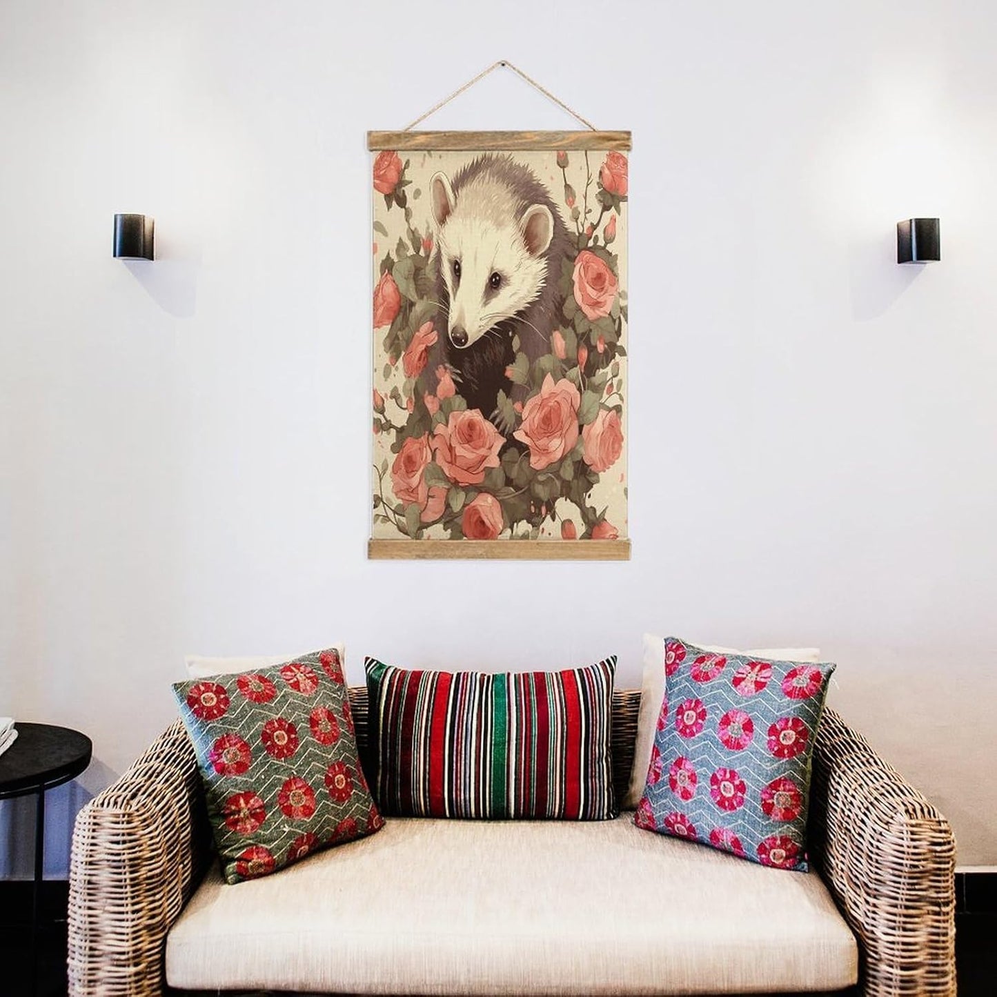 Vintage Opossum And Roses Poster with Wooden Frame Personalized Linen Hanging Scroll Painting Rustic Wall Hanging Illustrative Modern Artwork Decor for Home Living Room Bedroom Office