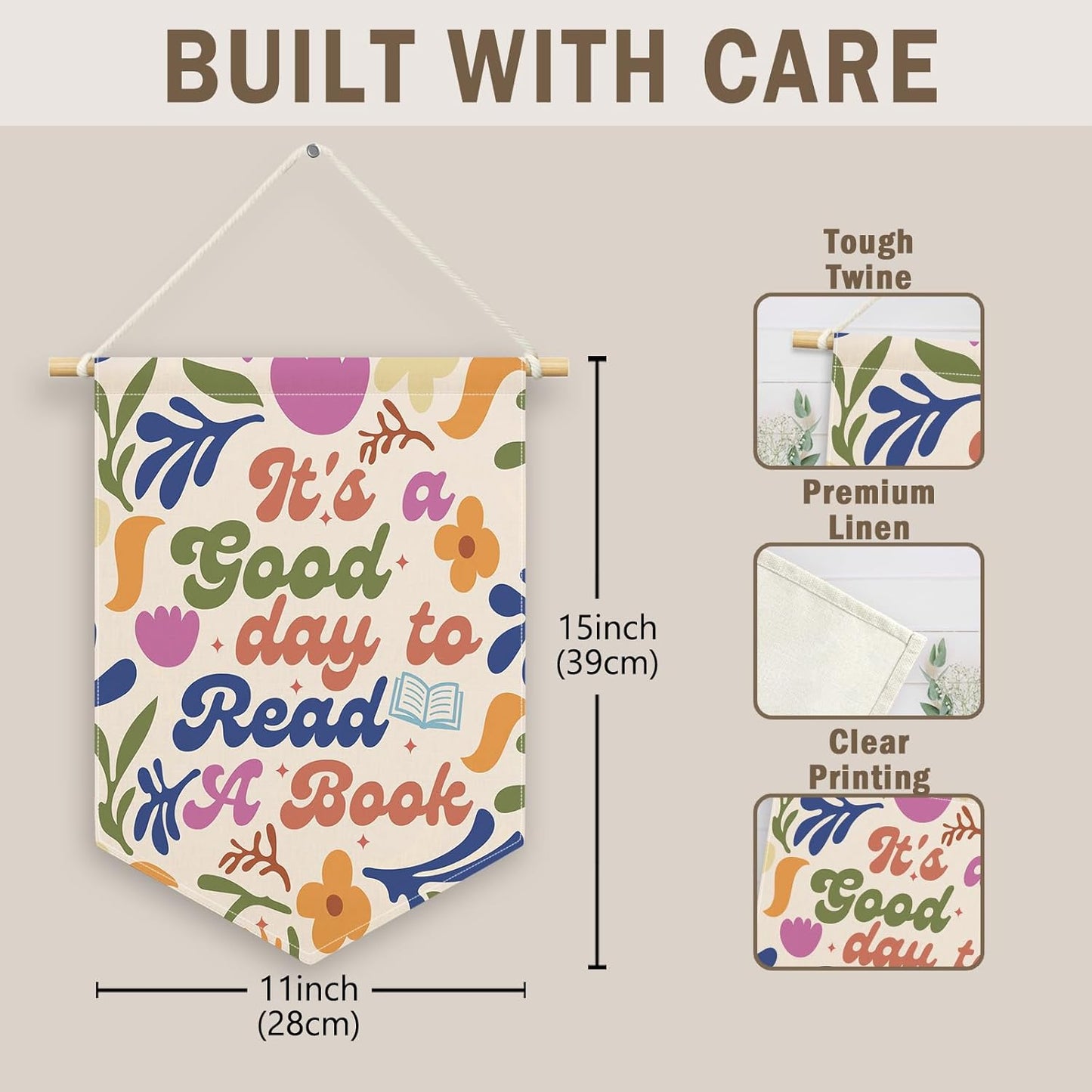 It's A Good Day to Read A Book Kids Room Decor,Floral Reading Classroom Banner Canvas,Nursery Wall Hanging Decor Art Pennant Flag for Reading Nook Corner Playroom Toddler Room Library 11x15in
