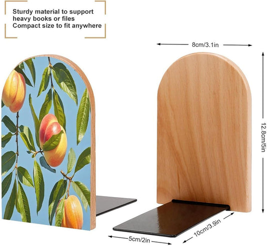 with Peach Leaves Bookends 1 Pair Heavy Duty Book Ends for Shelves Non-Skid Bookend Supports Wooden Book Holders with Metal Base Desk Organizers Books Storage to Hold Books