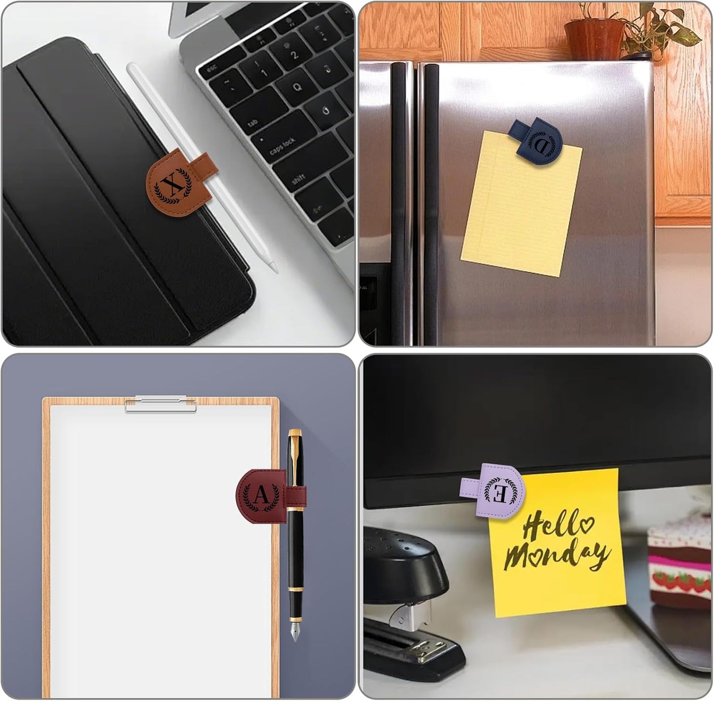 Personalized Magnetic Bookmark Pen Holder, Leather Book Marks for Reading Women& Men, Engraving 26 Letters Name Initial Bookmarks with Pencil Pen Holder, Gift for Book Lovers, Readers (Purple, A)