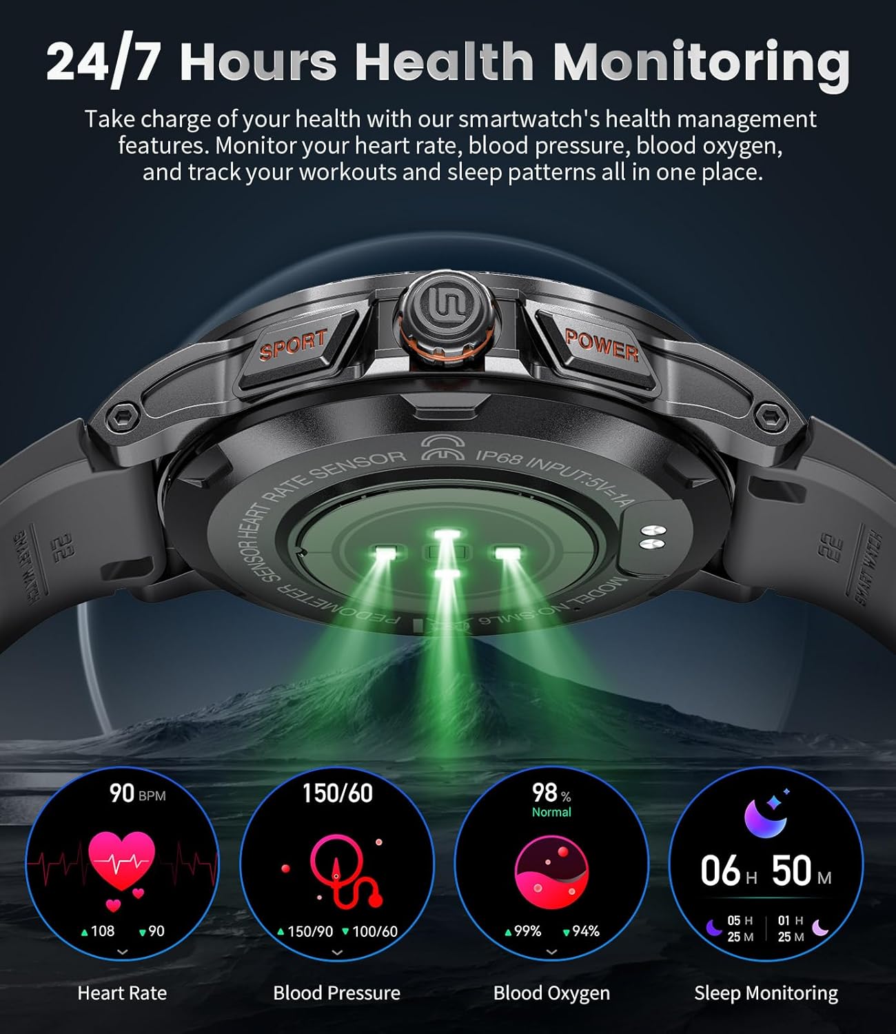 LIGE Military Smart Watch for Men(Answer/Make Call),1.43" HD AMOLED Rugged Smartwatch for iPhone Android Phone,Fitness Watch,Black Sport Watch with 120+ Sport Modes/5ATM Waterproof