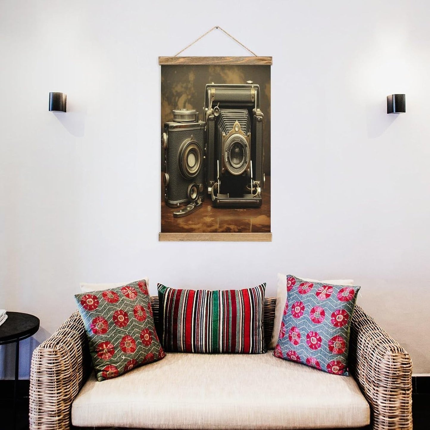 Vintage Old Camera Poster with Wooden Frame Personalized Linen Hanging Scroll Painting Rustic Wall Hanging Illustrative Modern Artwork Decor for Home Living Room Bedroom Office