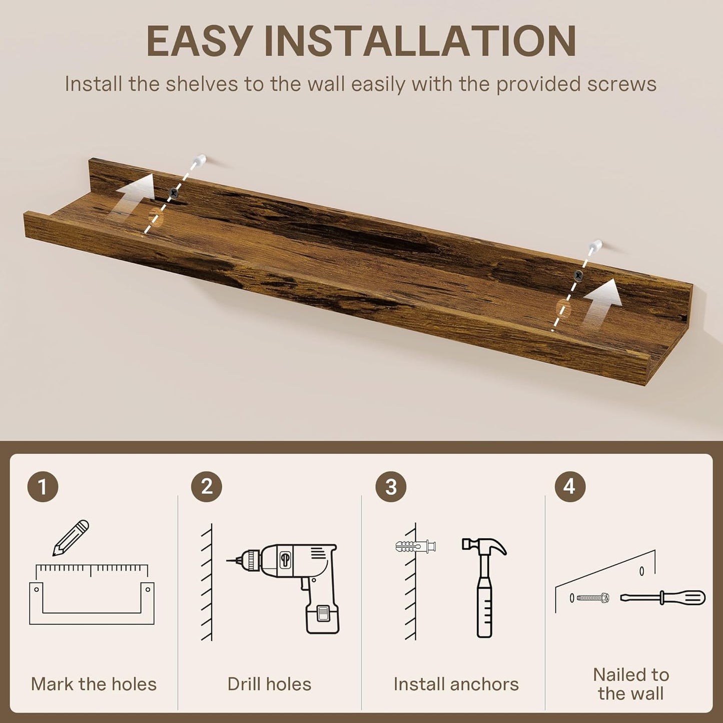 Fun Memories Picture Ledge Shelf - 30 Inches Floating Shelves Set of 4 - Floating Shelves with Lip for Storage - Wood Bookshelf Wall Mounted for Bedroom - Living Room - Kitchen - Rustic Brown