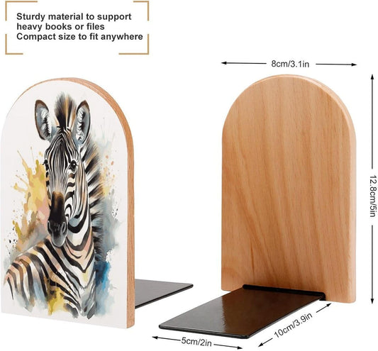 Cute Zebra Watercolor Bookends 1 Pair Heavy Duty Book Ends for Shelves Non-Skid Bookend Supports Wooden Book Holders with Metal Base Desk Organizers Books Storage to Hold Books