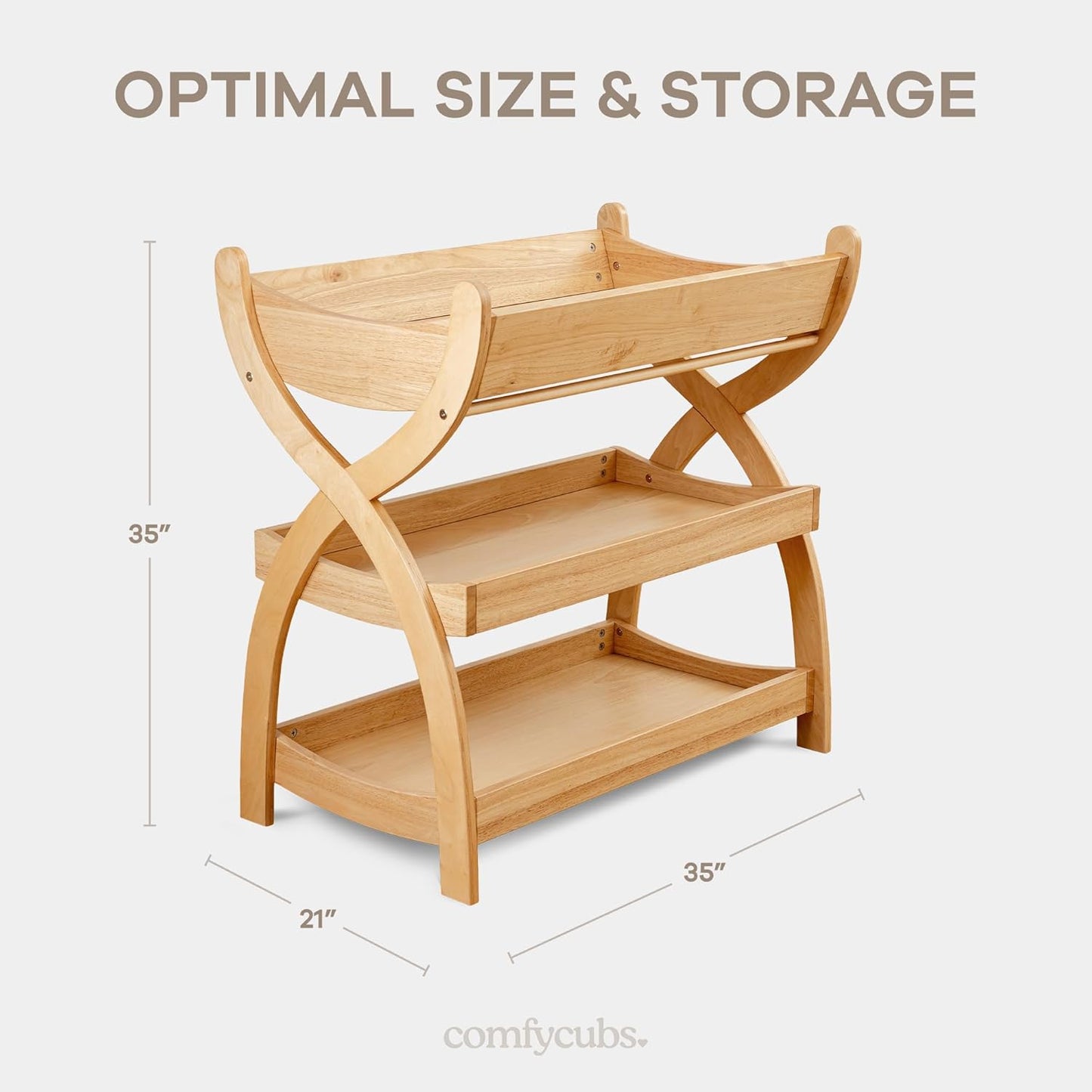 Comfy Cubs Baby Changing Table - Sturdy Wood Construction, Timeless Look Baby Change Table with Two Open Shelves for Infant Daycare Essentials Storage - Natural Wood