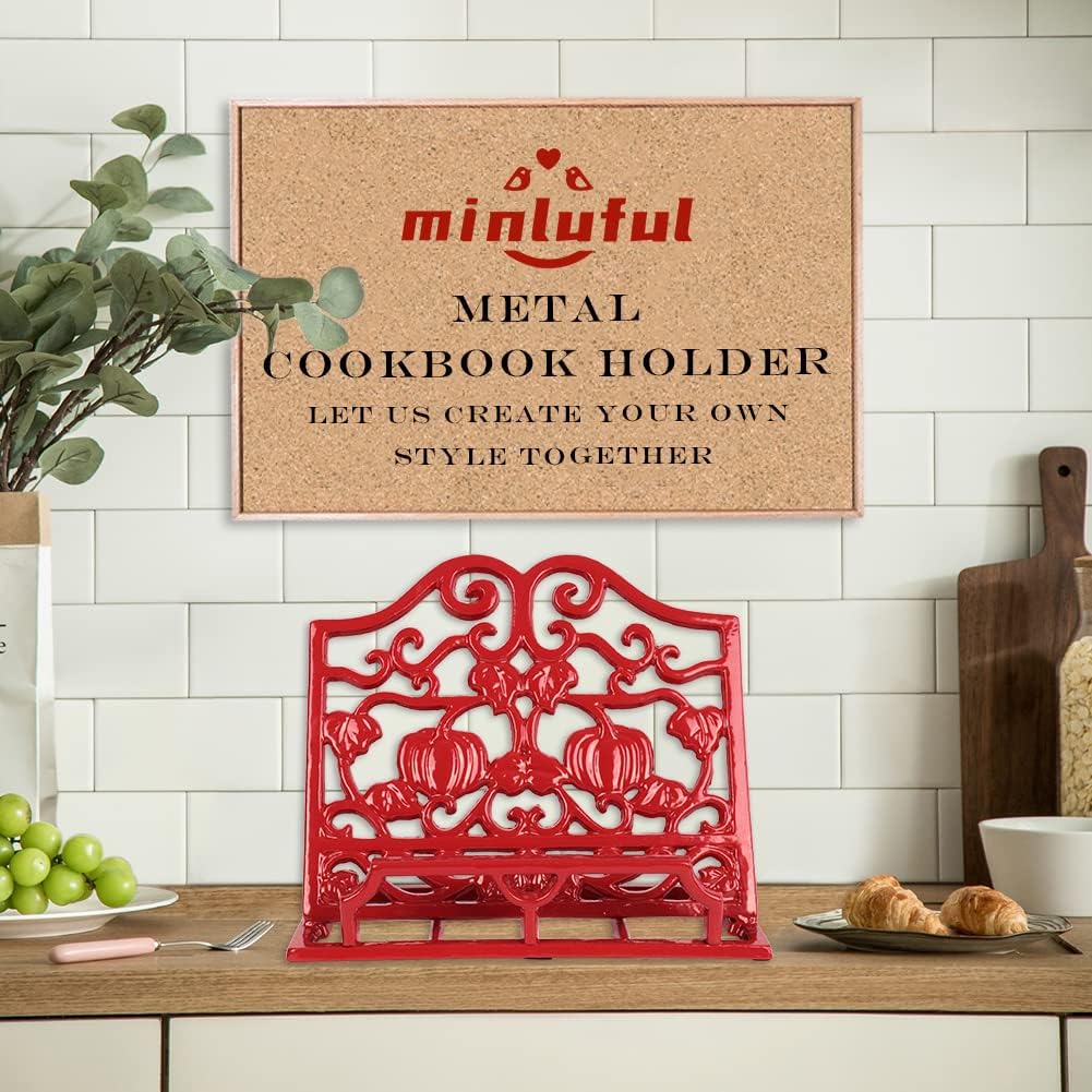 Vintage Cookbook Stand, Robust Wrought Cast Iron Recipe Book Holder for Kitchen Counter, Large Metal Cook Book Stand with Pumpkin Design, Red