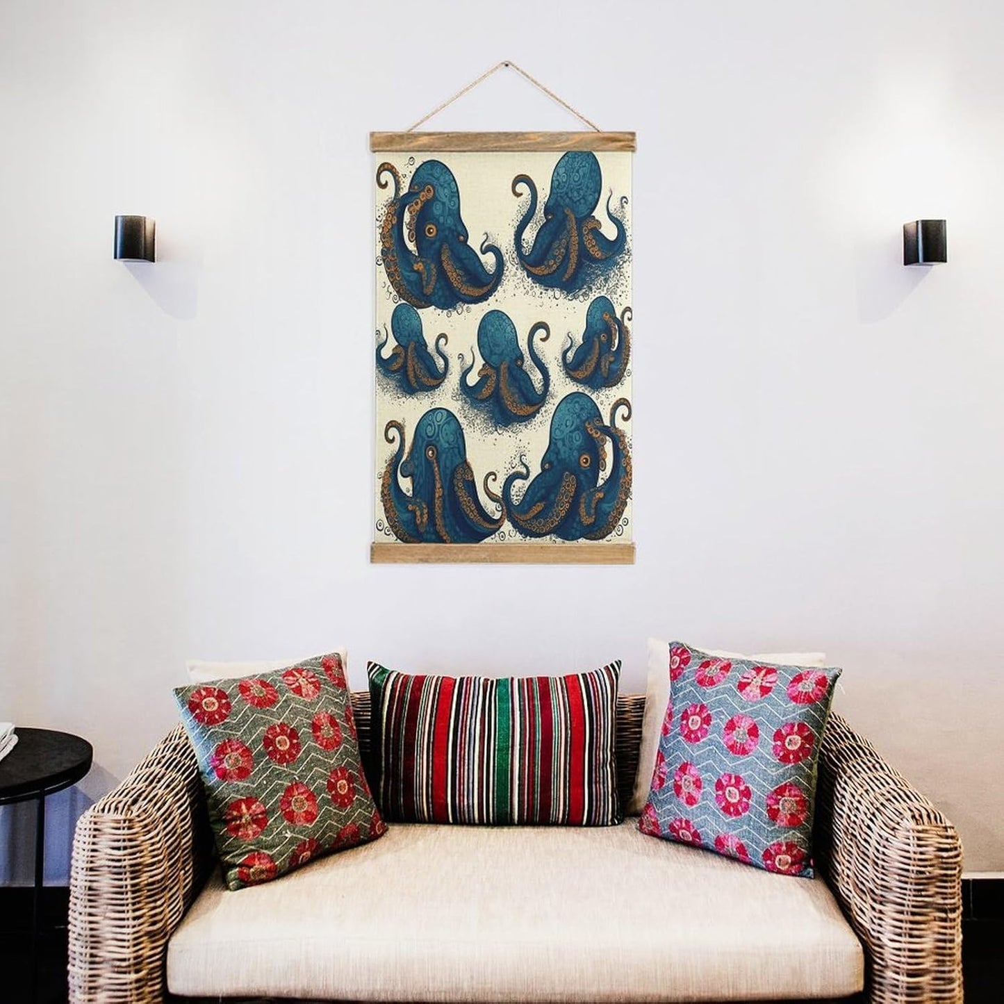 Vintage Tentacles Octopus Poster with Wooden Frame Personalized Linen Hanging Scroll Painting Rustic Wall Hanging Illustrative Modern Artwork Decor for Home Living Room Bedroom Office