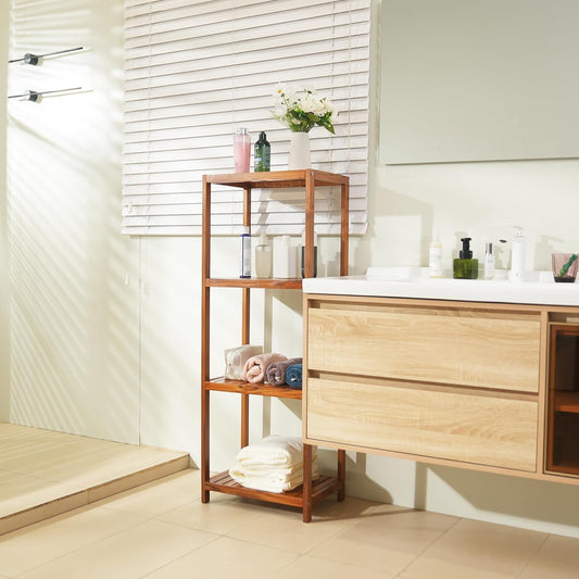 VaeFae Teak Bathroom Shelf, 4-Tier Storage Shelf, Wooden Stand Shelf Organizer for Bathroom, Kitchen, Living Room, Laundry, Garage