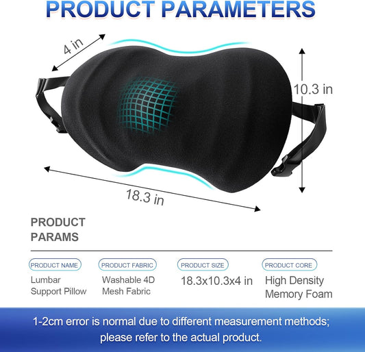 Lumbar Support Pillow, Ergonomic Back Cushion for Office Chair with Adjustable Straps & Detachable Breathable Cover,Memory Foam Car Lumbar Pillow, Back Support Pillow for Car, Office,Bed Rest,A-Black