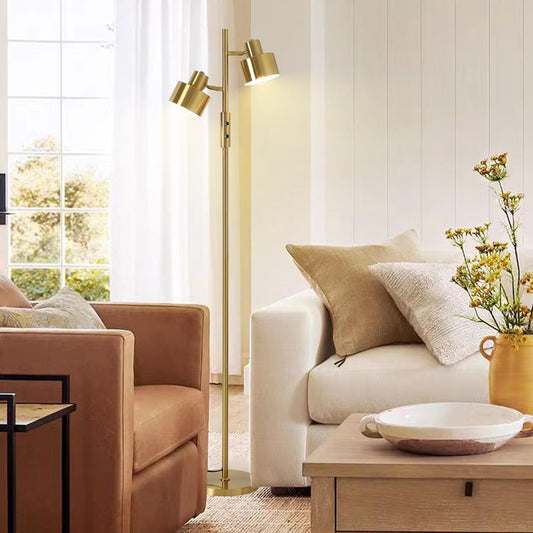 Dimming Floor Lamp with 2 Adjustable Head,Tall Modern Industrial Vintage Standing Lamps for Living Room, Bedroom, Office,Study,Gold Corner Light for Reading