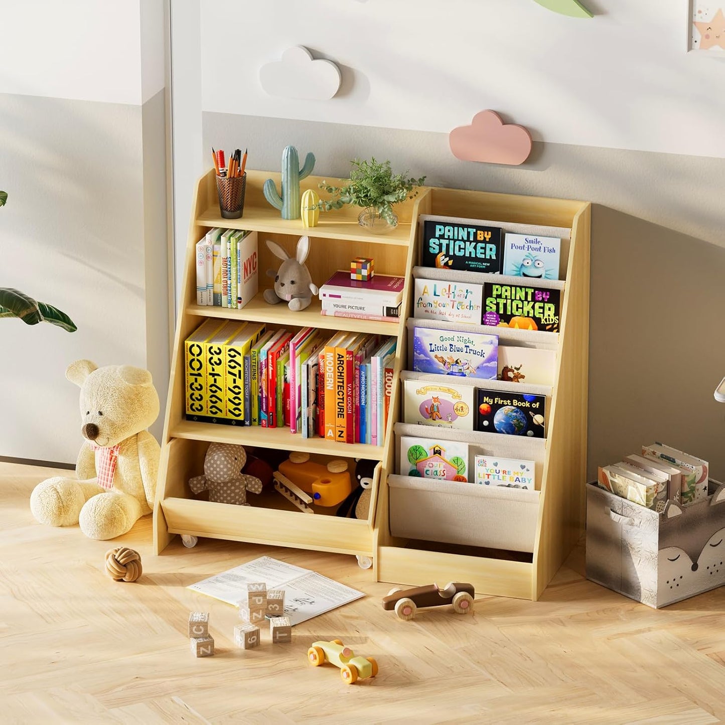Kids Bookshelf and Toy Storage, 4 Tier Toddler Bookshelf with Movable Drawer, 5 Layer Sling Children Bookcase for Book Storage and Display