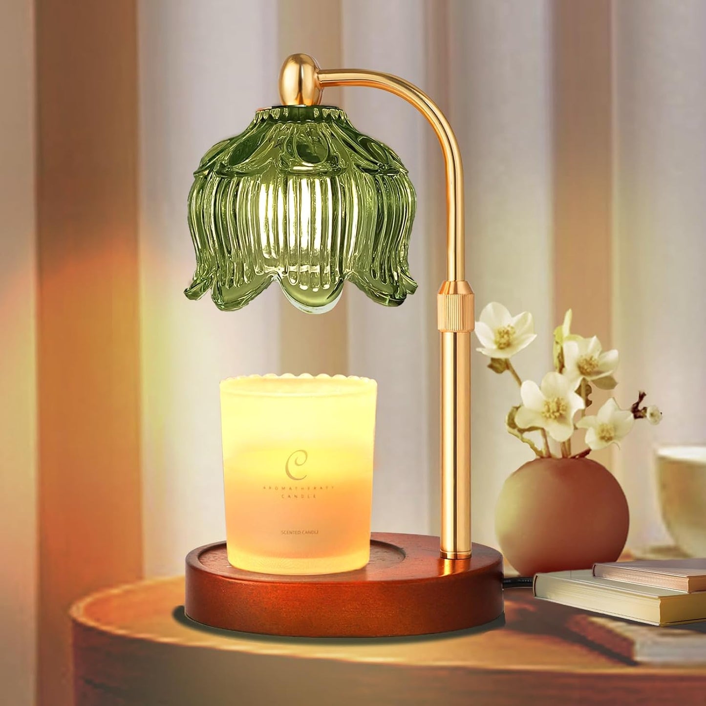 Adjustable Flower Candle Warmer Lamp with Timer, Lotus Tulip Glass Warmer Light for Jar Candles, Electric Wax Warming Melter, Gifts for Women Mom, Vintage Bedroom Decor (Green)