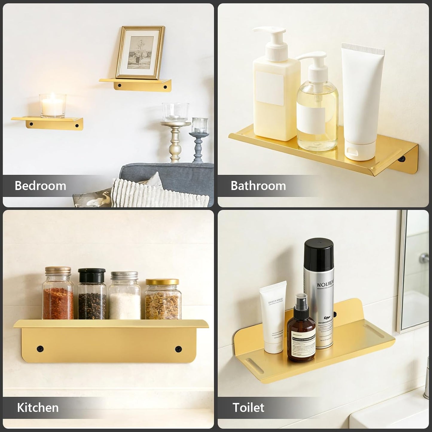 SMILECAT 7inch Small Floating Book Shelves for Wall Storage Set of 2.Wall Mounted Command Shelf for Bathroom,Bedroom,Living Room, Mini Tiny Display Hanging Shelves for Storage/Perfume/Room Decor.Gold