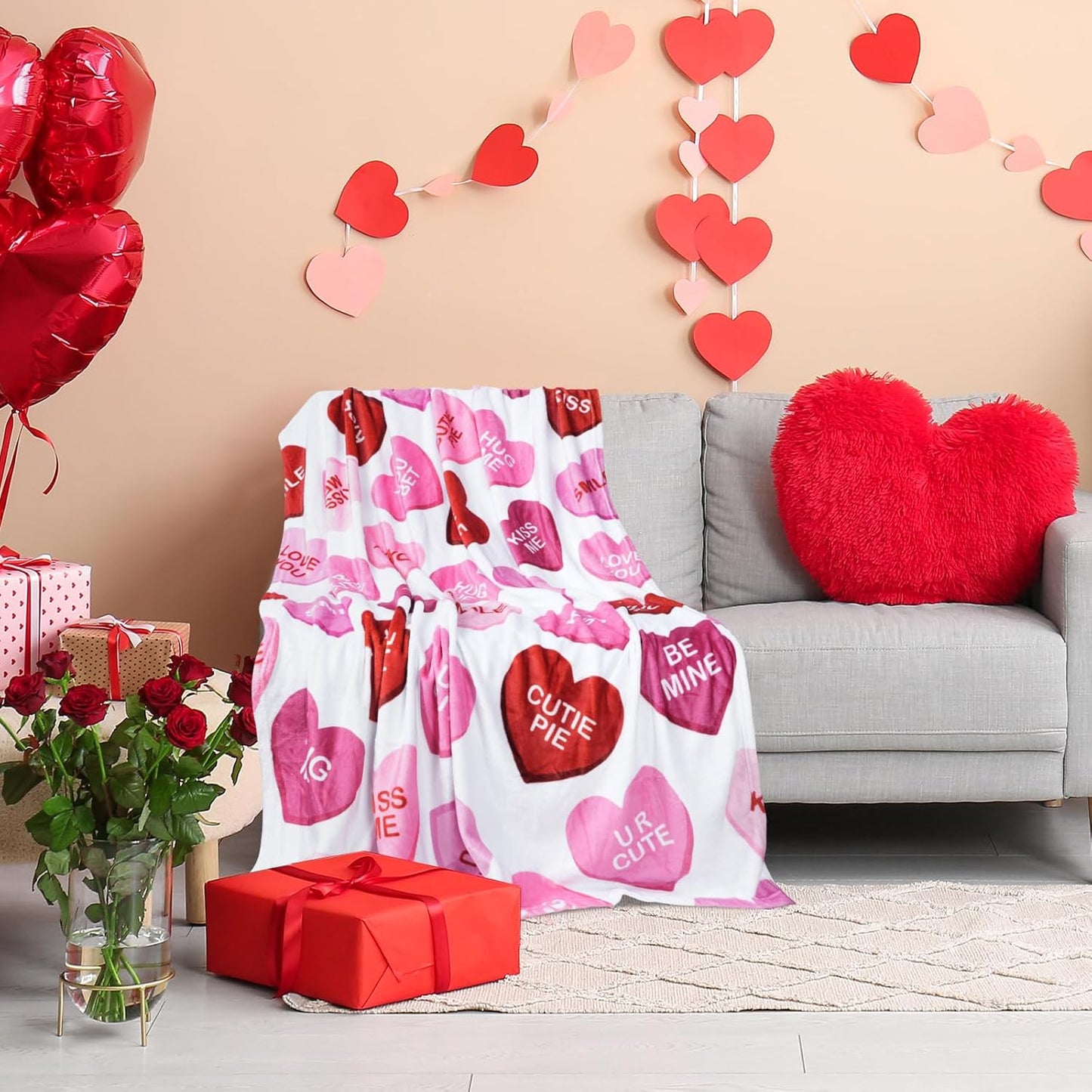 Valentines Flannel Throw Blanket 50" x 60", Pink Candy Hearts Soft Fuzzy Plush Cozy Fleece Blanket for Couch Sofa Bed, Holiday Throw Blanket for Valentines Day Wedding Ideal Gifts Option