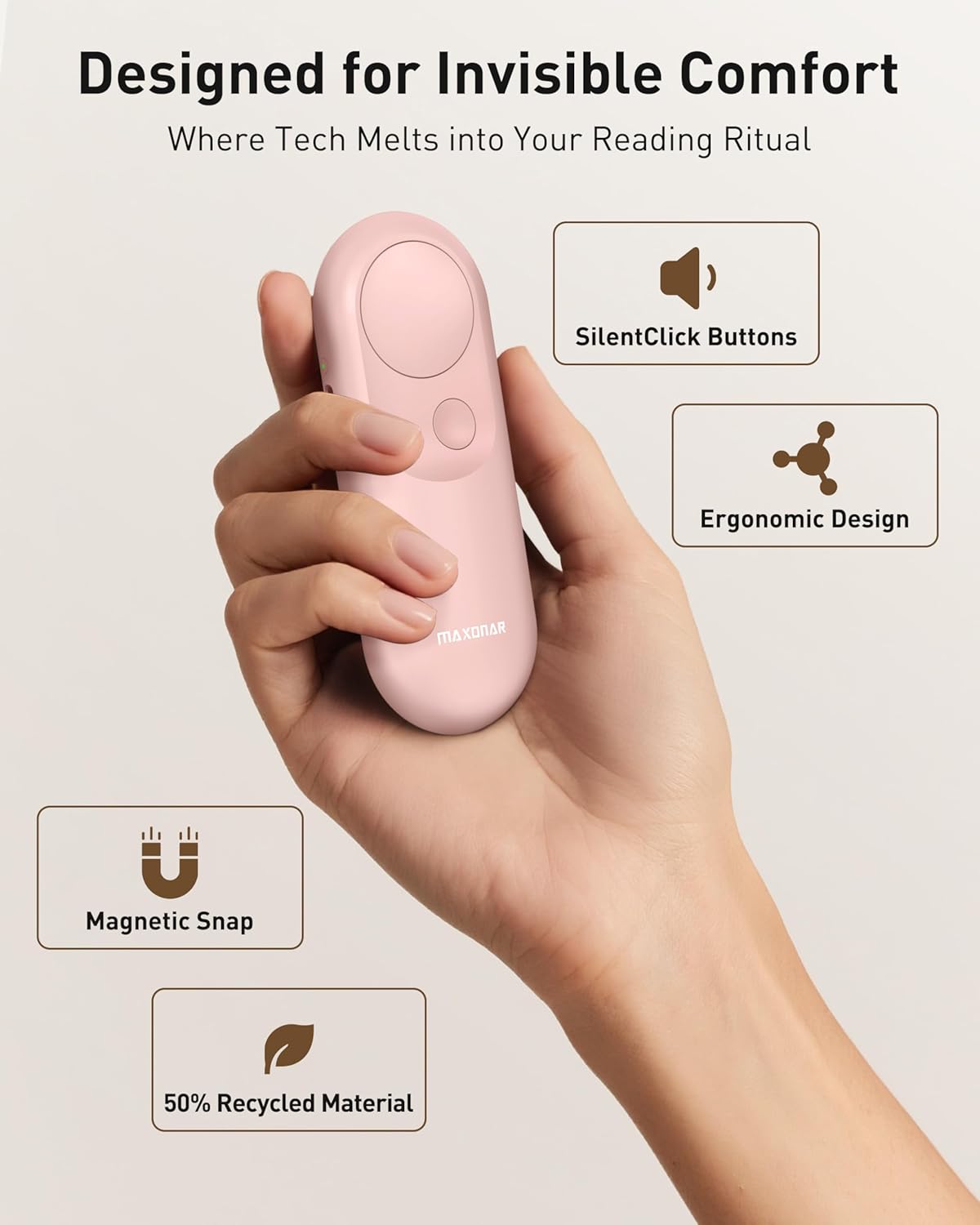 Maxonar Magsnap Remote Page Turner for Kindle Paperwhite/Oasis & Kobo, Never Lose Parts, 100-Hour Battery, RF Connection, 2-in-1 Page Clicker Works with Tablet/iPad, Ideal Gift for Book Lovers (Pink)