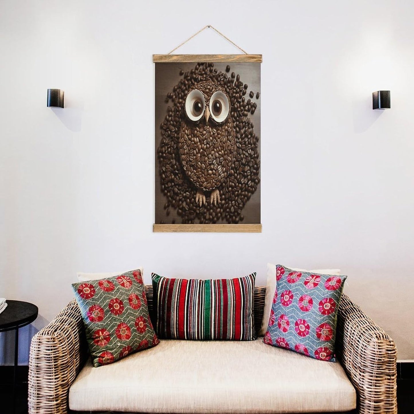 Vintage Coffee Bean Owl Poster with Wooden Frame Personalized Linen Hanging Scroll Painting Rustic Wall Hanging Illustrative Modern Artwork Decor for Home Living Room Bedroom Office