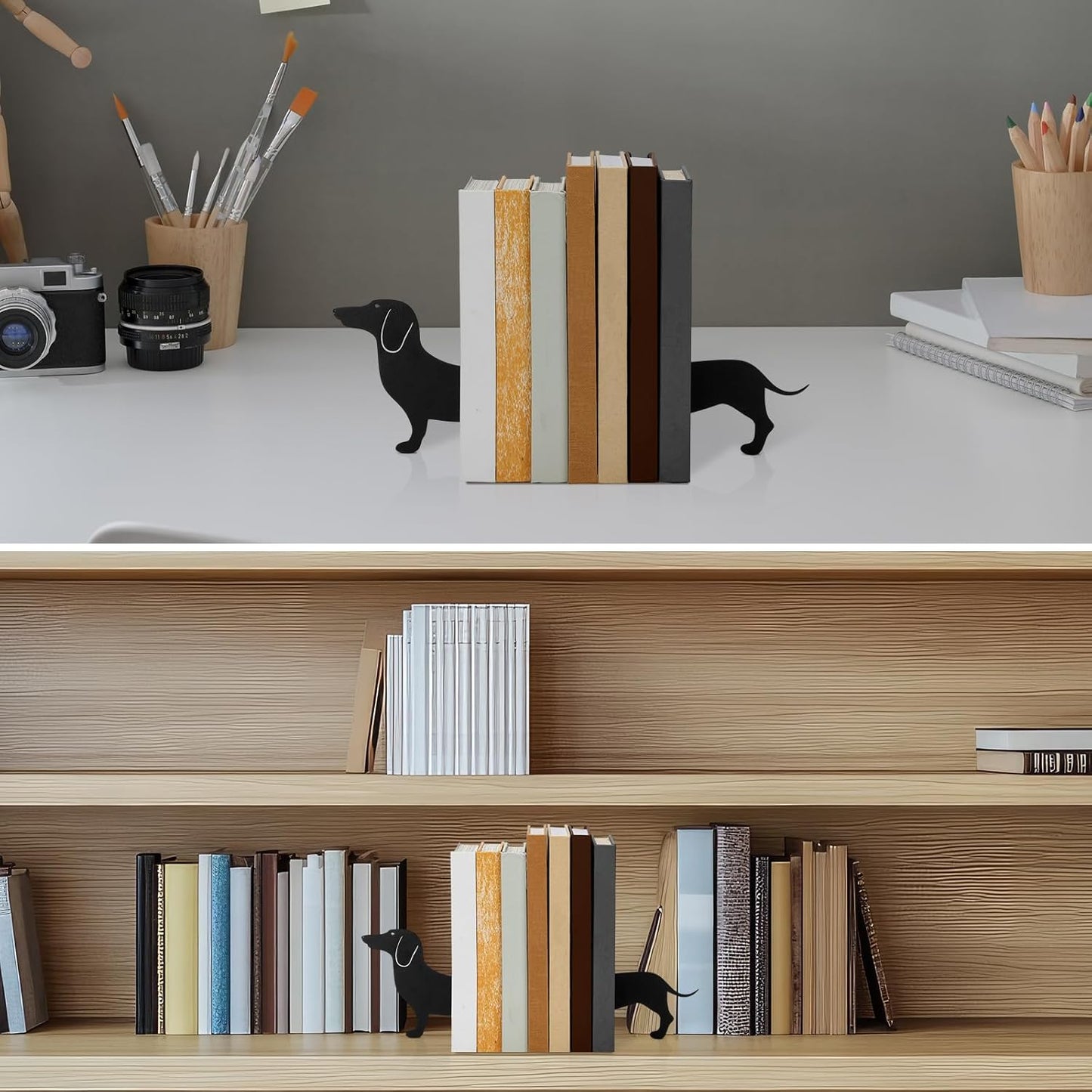 Novabright Wiener Dog Dachshund Silhouette Metal Bookends Set of 2 Dachshund Book Ends for Shelves Decorative Bookshelf Home Office Desk Bookshelf Decor Gift for Dog Lovers and Reading Enthusiast