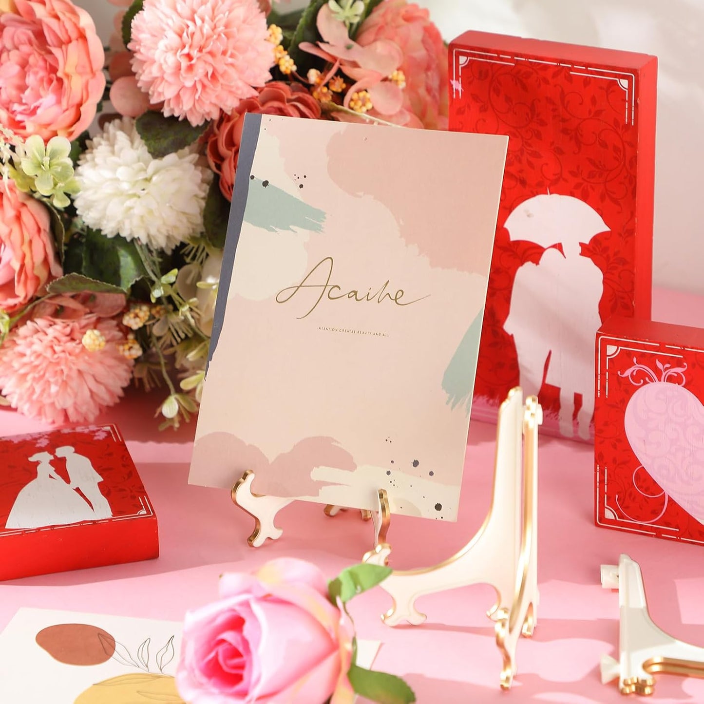 Boao 24 Pcs Acrylic Easel Plate Stands for Display Picture Frame White Gold Easel Holders Photo Card Magazine Book Cd Phone at Weddings Home Decoration(4 Inch)