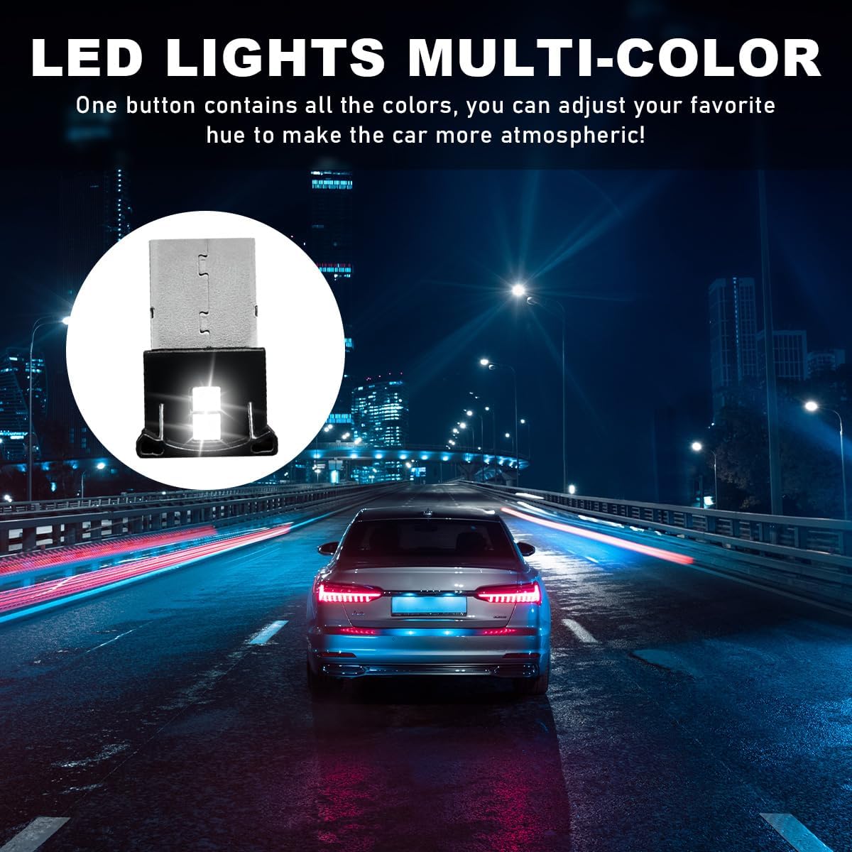 2PCS Mini USB LED Light, Portable RGB Car Interior Atmosphere Lamp, Adjustable 8 Colors Bright Plug-in USB Interface Ambient Light for Home Office Decoration, Car Accessories