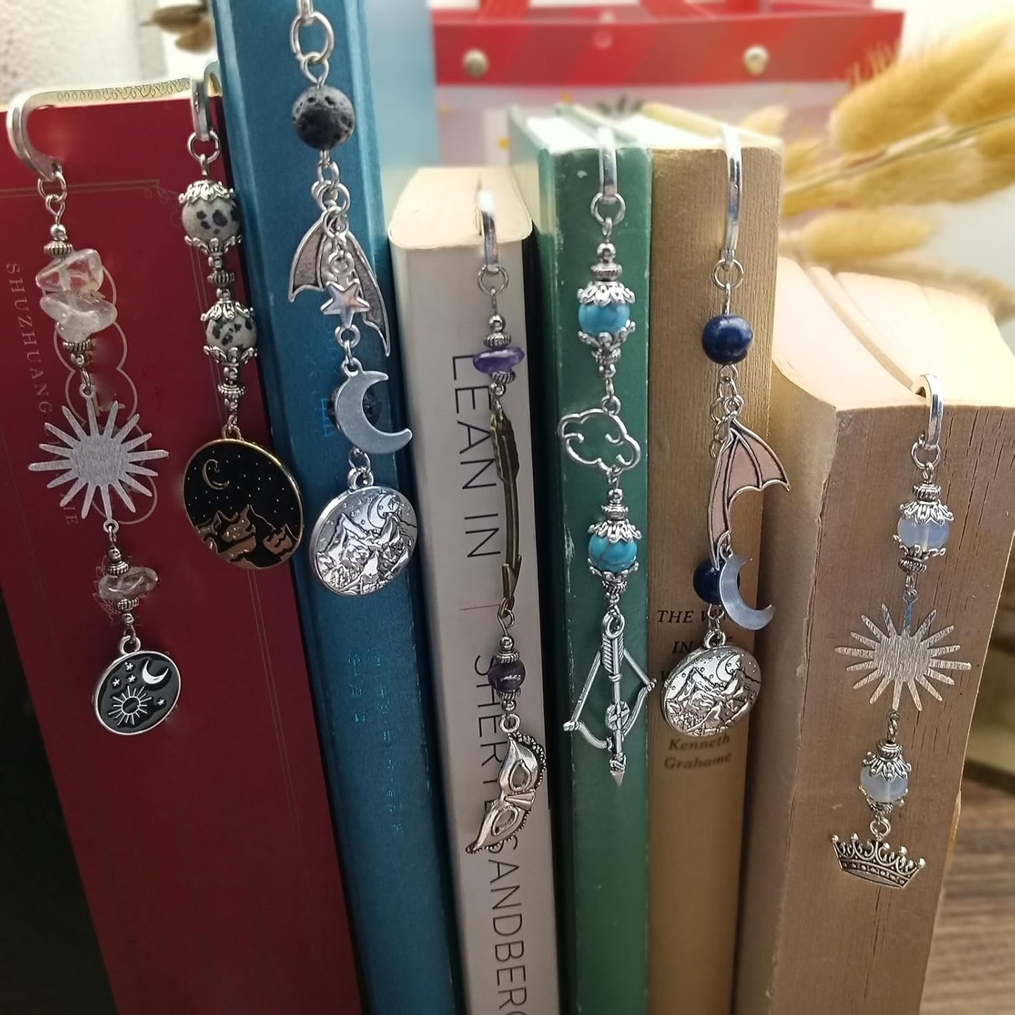 Retro Metal Bookmark for Bookish Gifts Wing Mask Bow and Arrow Charms Book Mark for Book Lover Gifts for Women Men (Sun and Star)