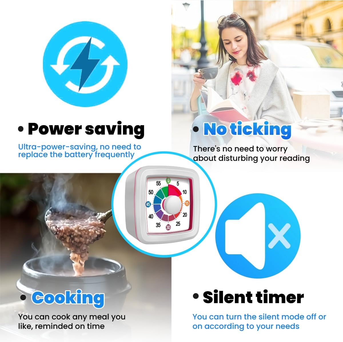 Visual Timer for Kids, 60-Minute Countdown Timer for Classroom Office Kitchen, Pomodoro Timer with Silent Operation,Time Management Tools with Colorful Pattern(White)