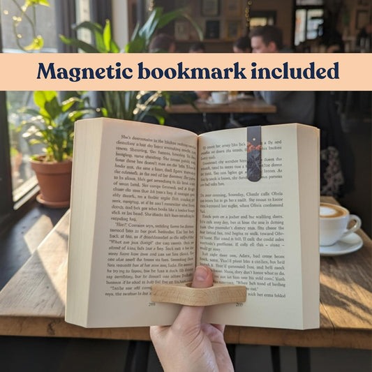 3 Piece Set: Ergonomic Wood Book Page Holder & 2 Magnetic Bookmarks - Thumb Book Opener - Ideal Reading Accessories & Gifts for Book Lovers