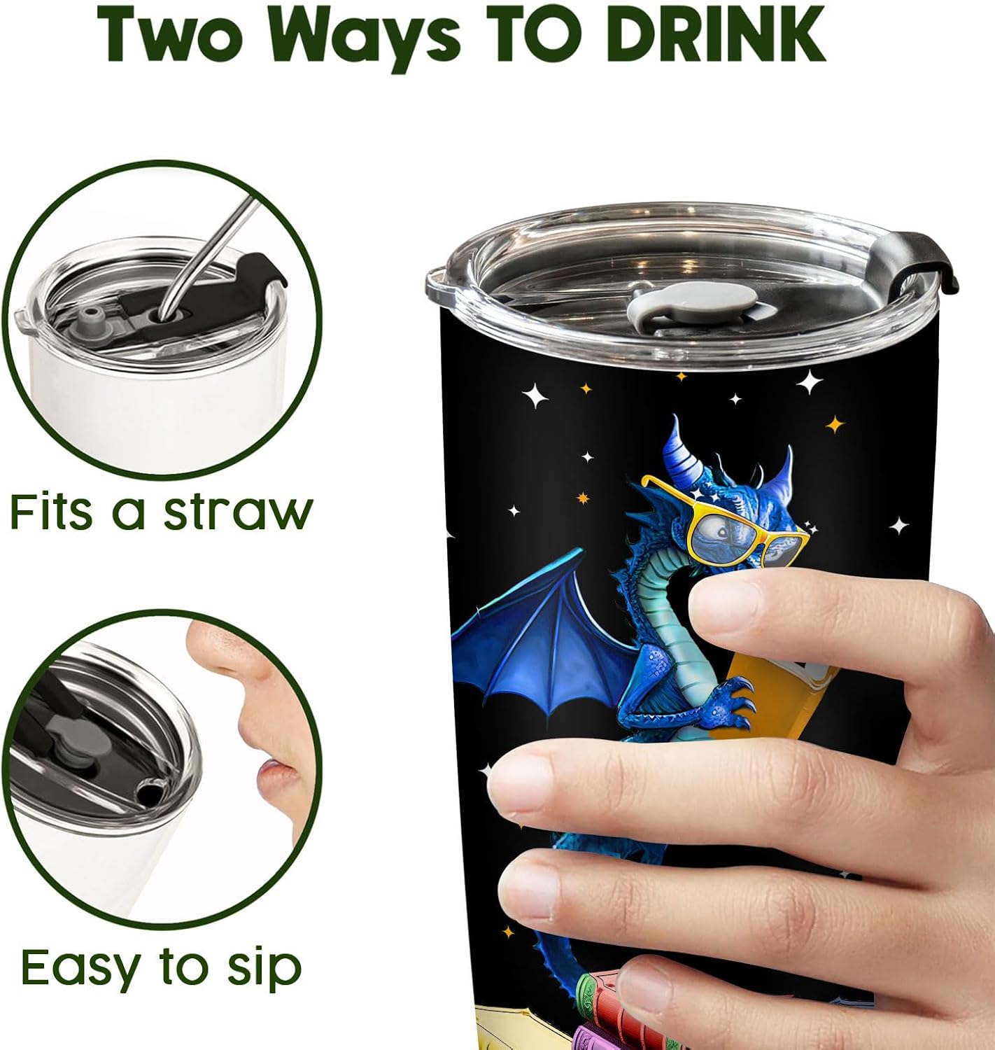 34HD Book Dragon Tumbler with Lid, 20oz Stainless Steel Vacuum Insulated Dragon Coffee Mug, Book Lover Gifts for Birthday Christmas Back To School, Bookworm Gifts for Women, Bookish Items