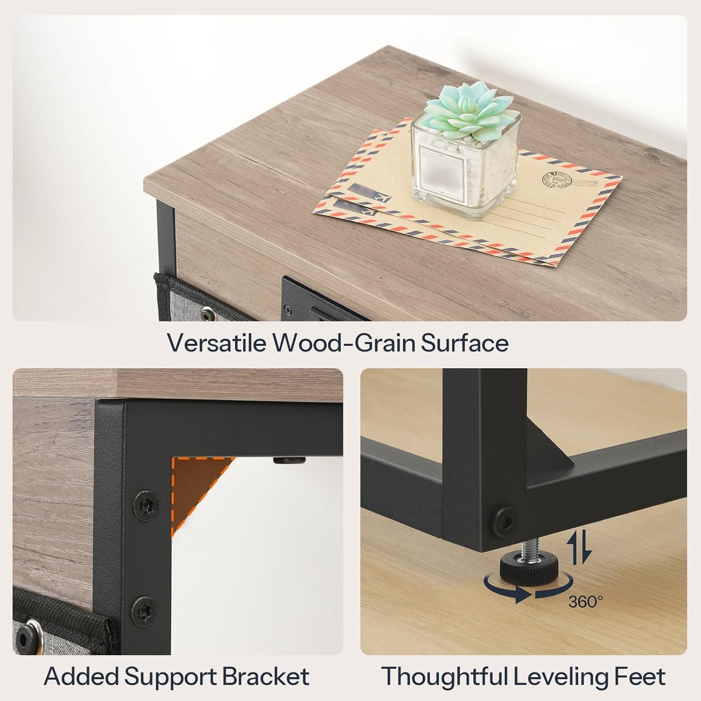 HOOBRO C Shaped End Table with Charging Station, 30” Adjustable Height Sofa Side Table with Storage Pocket, Slide Under Couch Table for Sofa Arm Tray, for Living Room, Bedroom, Greige BG77USF01