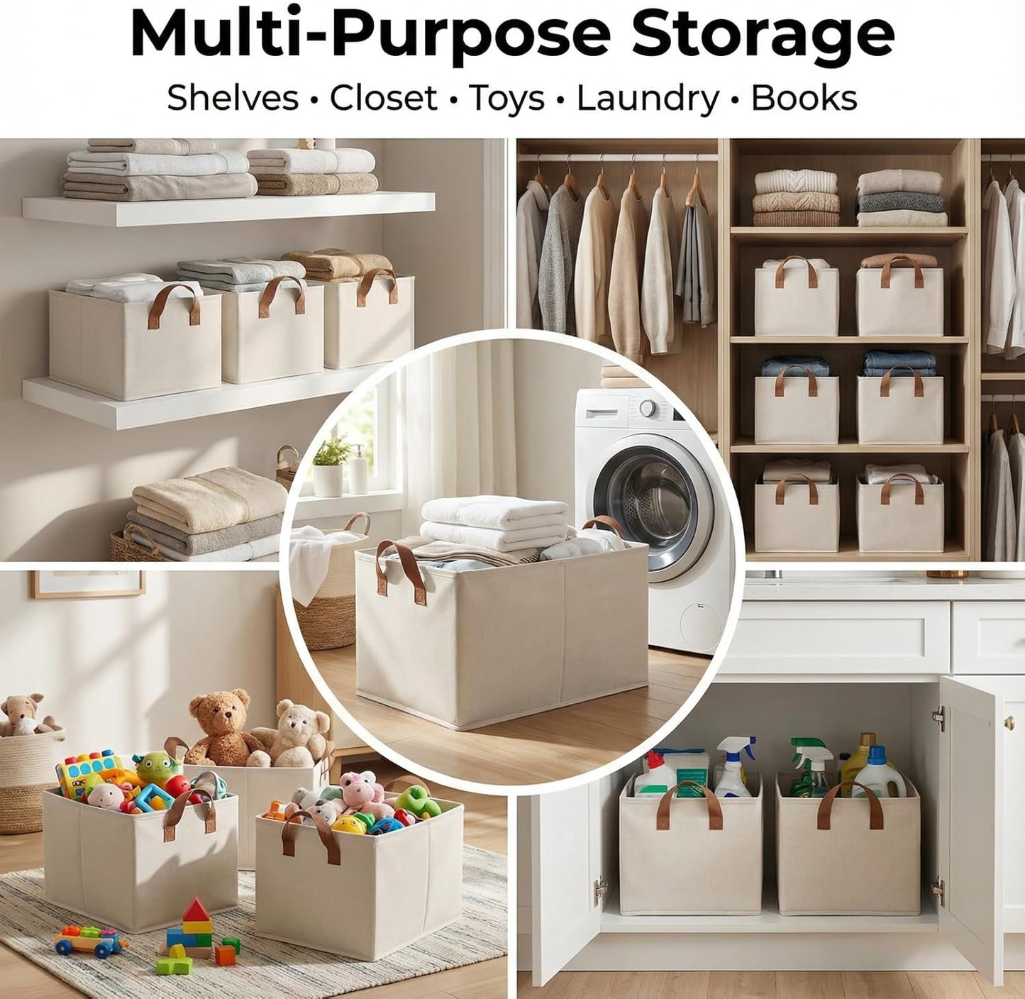 3 Pack Storage Bins Fabric Collapsible Organizers with Handles Sturdy Canvas with PP Board 17.9”x 11”x 7.9” Beige Foldable Storage Box for Closet Shelves, Books, Toys, Clothes, Office Organization