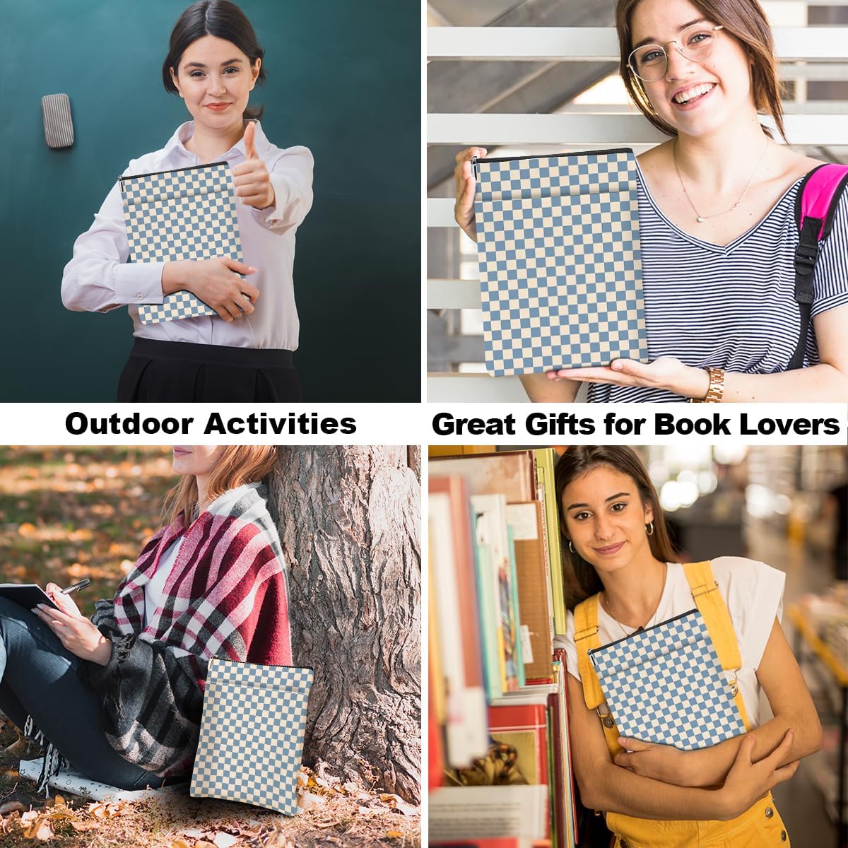 Blue Plaid Book Lovers Gifts Book Sleeve Vintage Checkered Waterproof Book Cover Book Pouch Book Protector with Front Pocket Book Club Christmas Birthday Gifts for Women Girl Reader Book Accessories