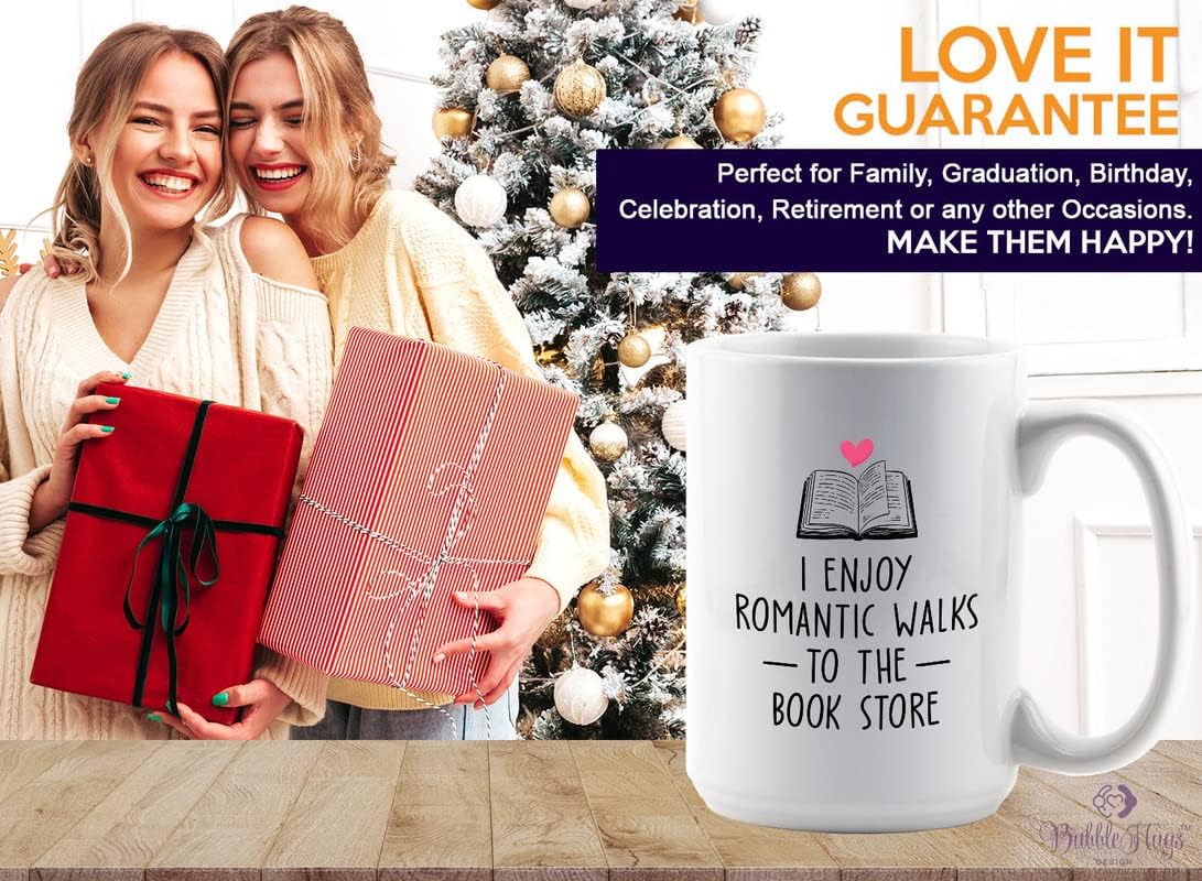 Reading Lover Coffee Mug 15oz White - I Enjoy Romantic Walks To The Book Store - Gift For Poets Bookish People Bibliophile Librarian Book Club Reader