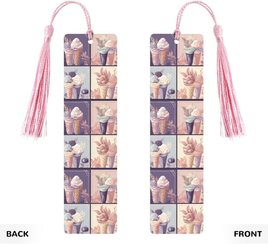 Ice Cream Illustration Bookmarks Gifts for Women Men, Wooden Bookmarks for Book Lovers, Vintage Book Marks Ornaments with Tassel, Unique Personalized Reading Page Markers Pink