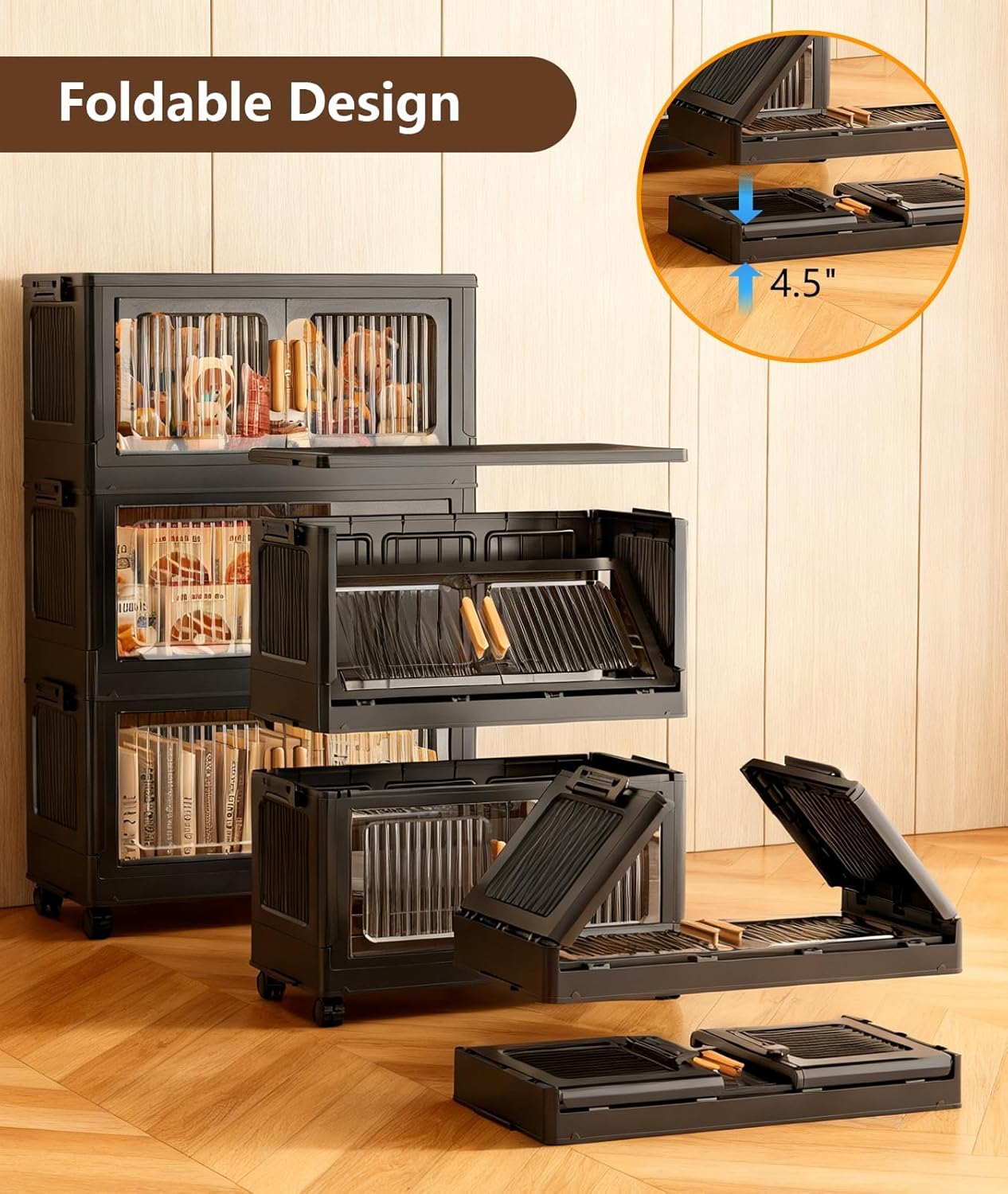 4-Tier Stackable Storage Bins with Lid,Foldable Plastic Drawer Storage with Wheels,Closet Organizers and Storage for Living Room, Office, Dorm