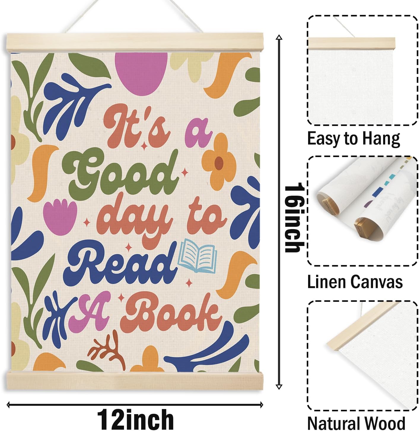 Xmsaitar It's A Good Day to Read A Book Floral Poster Hanger Frame Wall Art, Classroom Prints for Wall Decor, Reading Pictures Wall Hanging Decor for Book Lovers Library Reading Nook Corner 12x16in