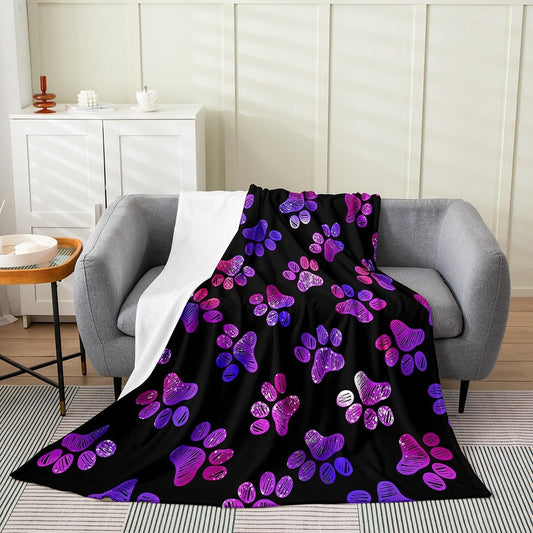 Manfei Paw Print Kids Flannel Blanket Purple Dog Paw Print Throw Blanket for Boys Girls, Animal Footprint Blanket for Bed Couch Sofa, Soft and Breathable Cozy Blanket(90 x 90 Inches)