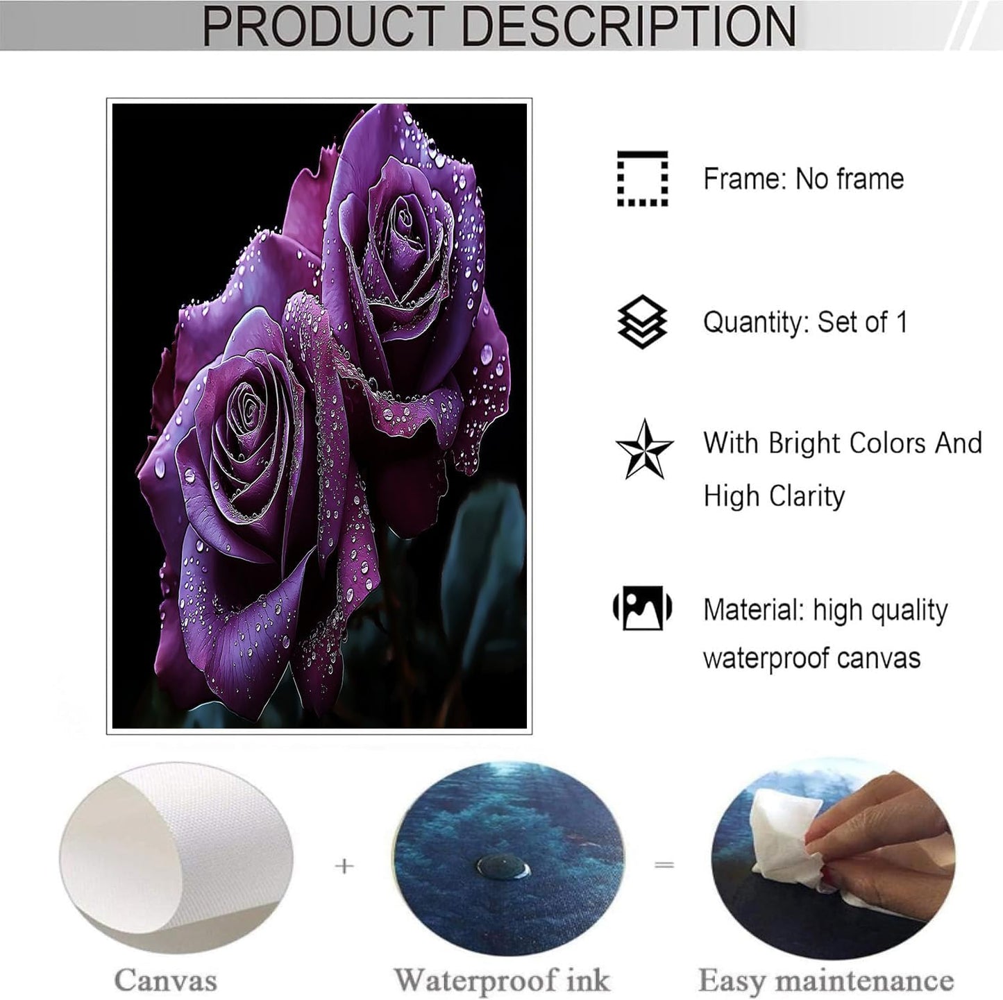 GDJSMIN Romantic Style Wall Art, Water Drop Purple Rose Poster for Reading Room Living Room Decor 24 x 36 inch Unframed