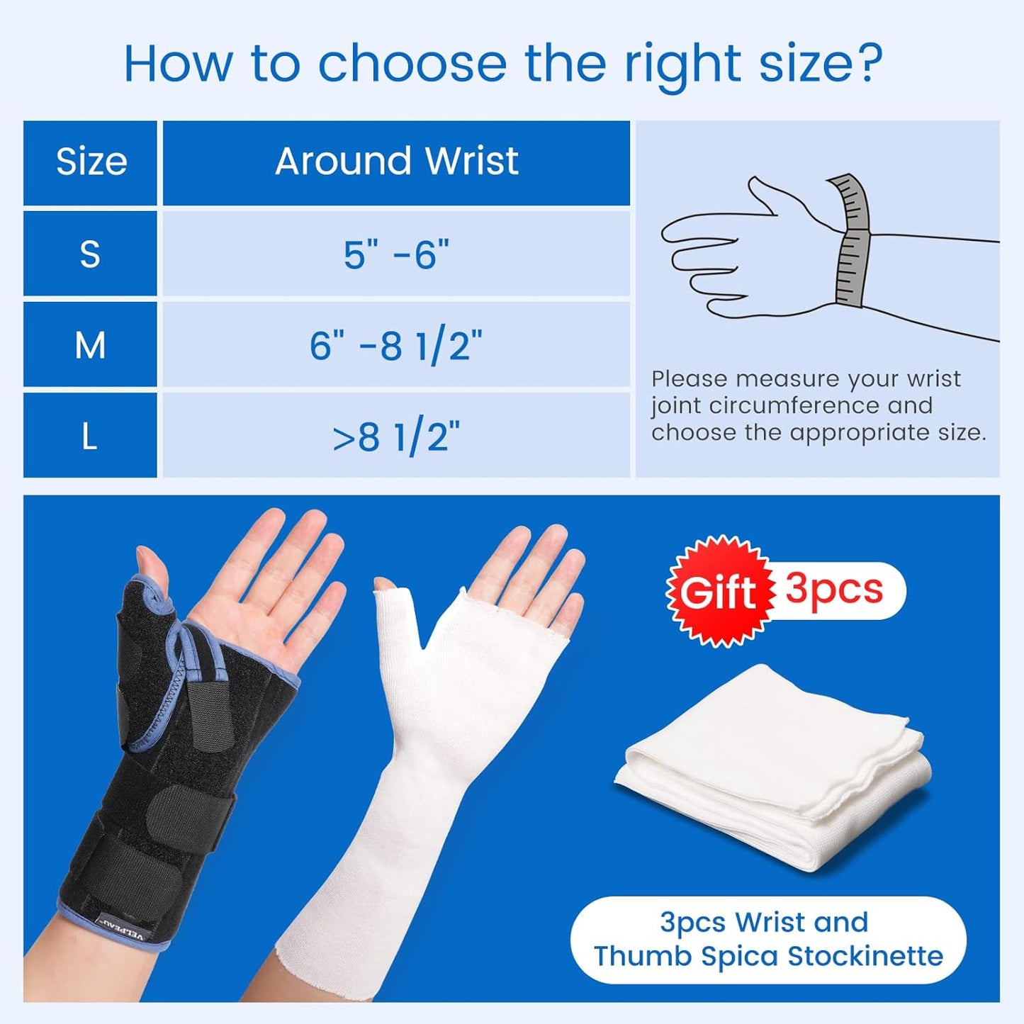 Velpeau Carpal Tunnel Wrist Brace with Thumb Stabilizer Night Support, Completely Stabilizes Wrist Thumb Joint, Pain Relief for Tendonitis, De Quervain's Tenosynovitis, Arthritis (Reg, Right Hand, L)