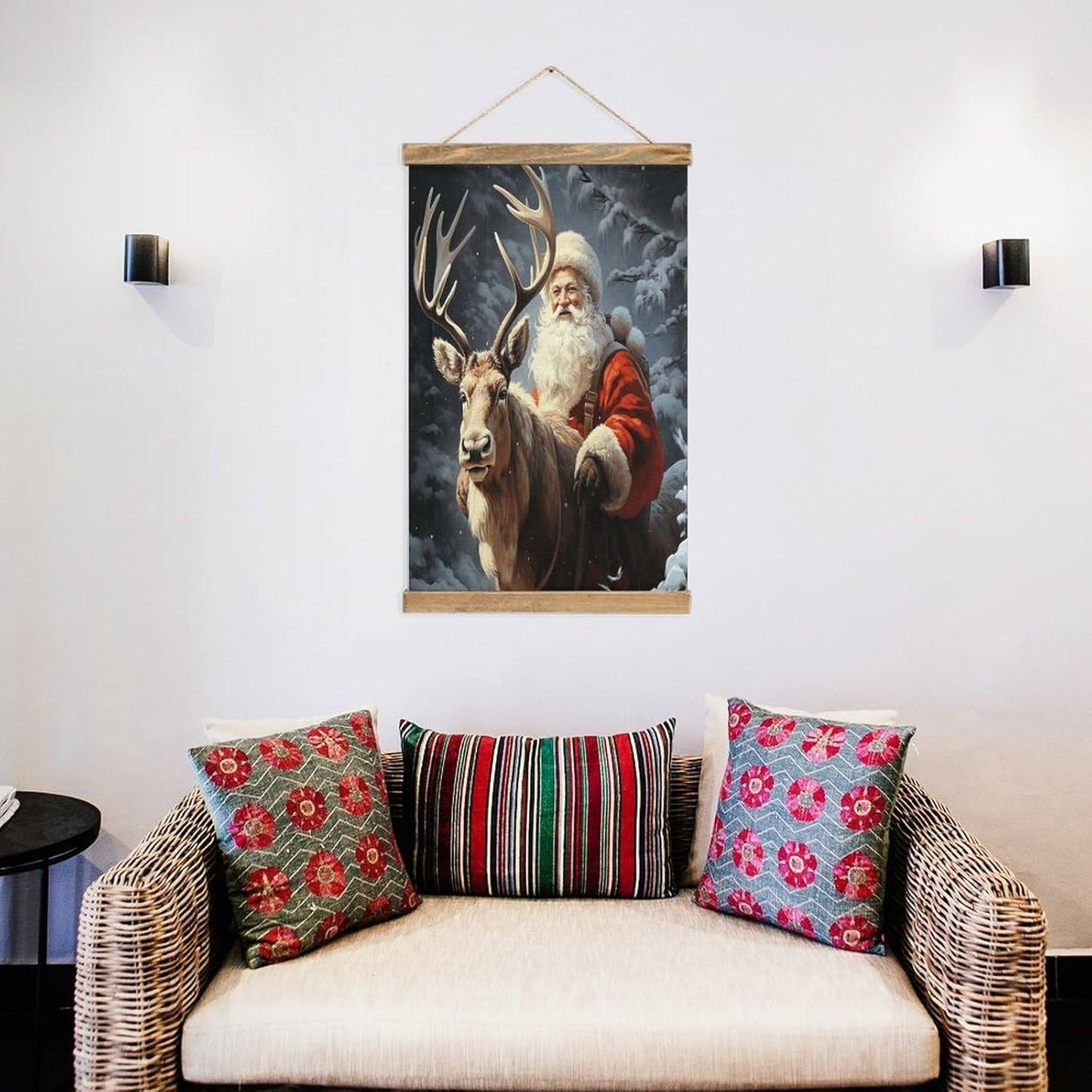 Vintage Santa Claus And Deer Elk Poster with Wooden Frame Personalized Linen Hanging Scroll Painting Rustic Wall Hanging Illustrative Modern Artwork Decor for Home Living Room Bedroom Office
