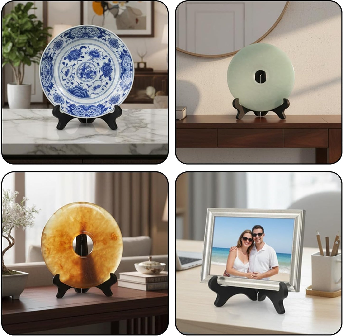 4PCS Plastic Plate Stands, 4 Inch Decorative Picture Holder for Displaying, Black Wood-like Easels for Sign, Cookbook, Now Playing Vinyl Record, Recipe Book
