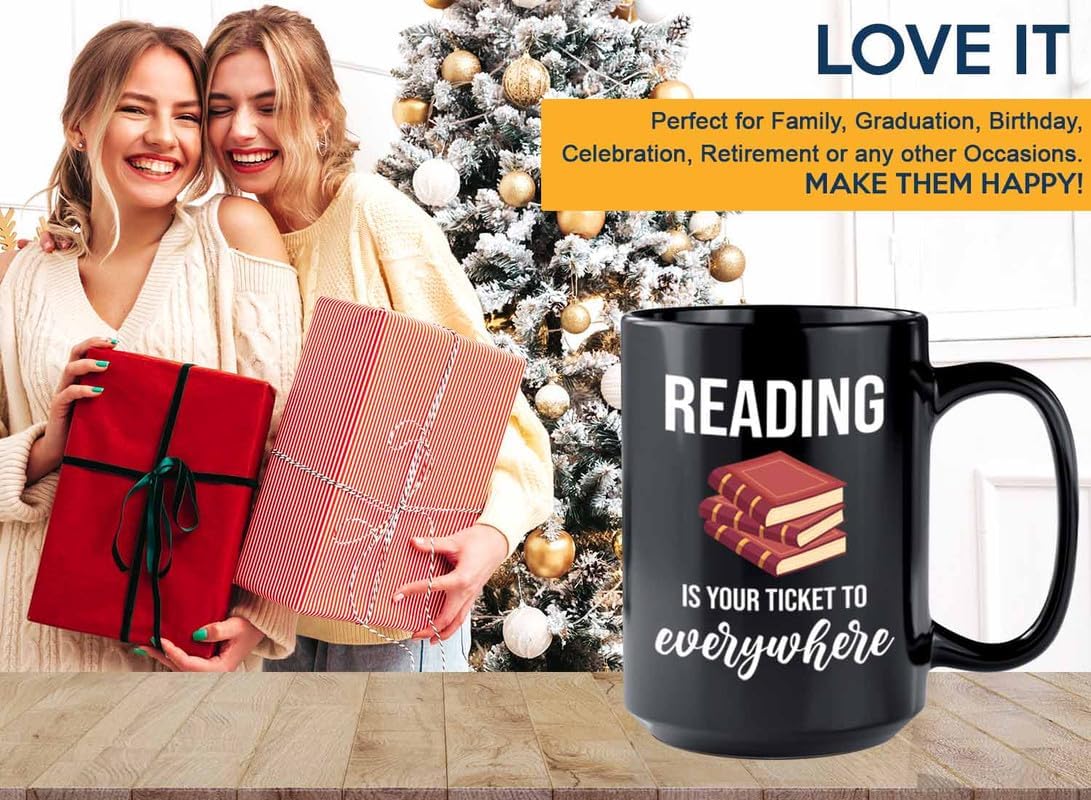 Bookish Coffee Mug 15oz Black -Reading ticket to everywhere - Novel enthusiast Book Club Librarian Book Lover Writer Reader Bibliophile
