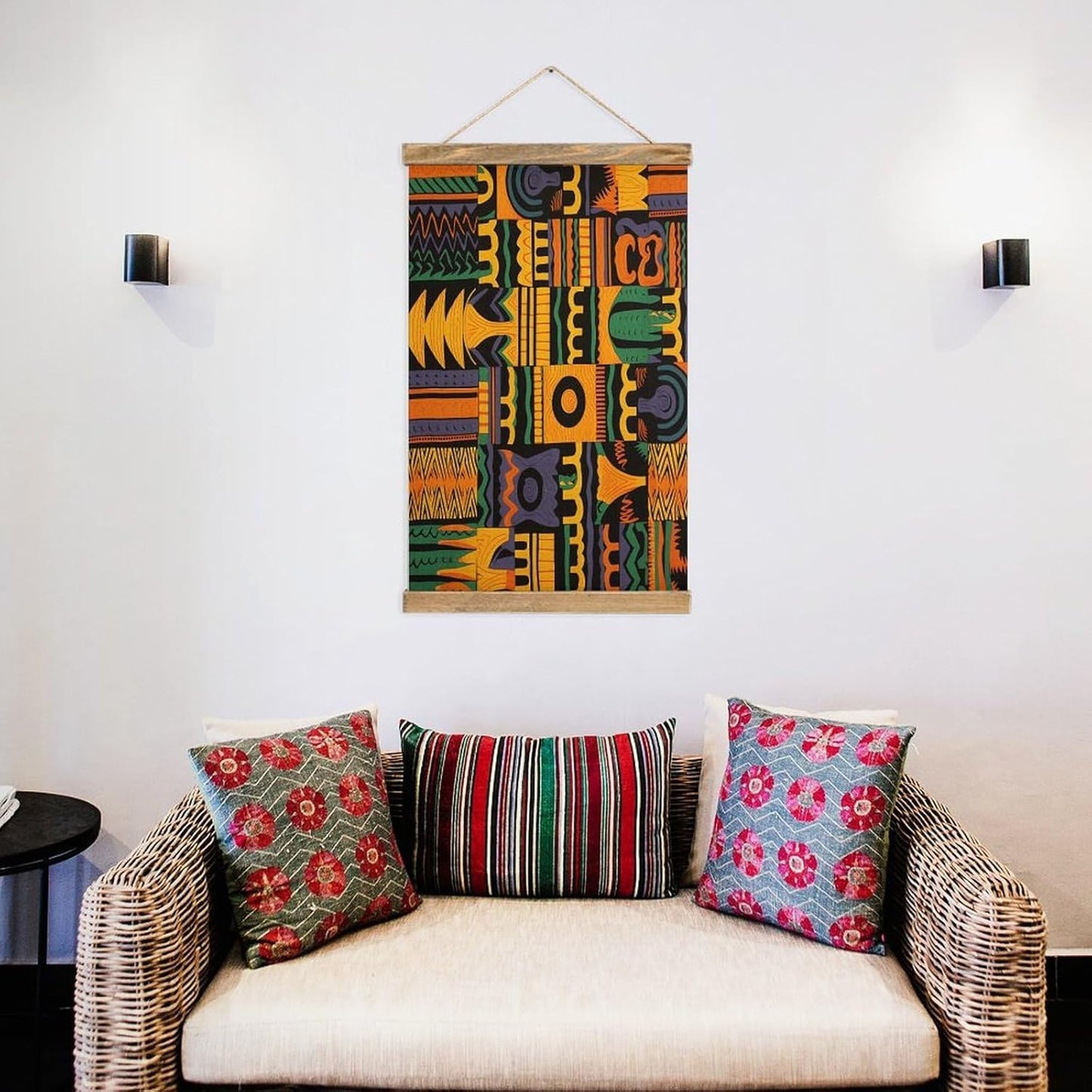 Vintage African Ethnic Pattern Poster with Wooden Frame Personalized Linen Hanging Scroll Painting Rustic Wall Hanging Illustrative Modern Artwork Decor for Home Living Room Bedroom Office