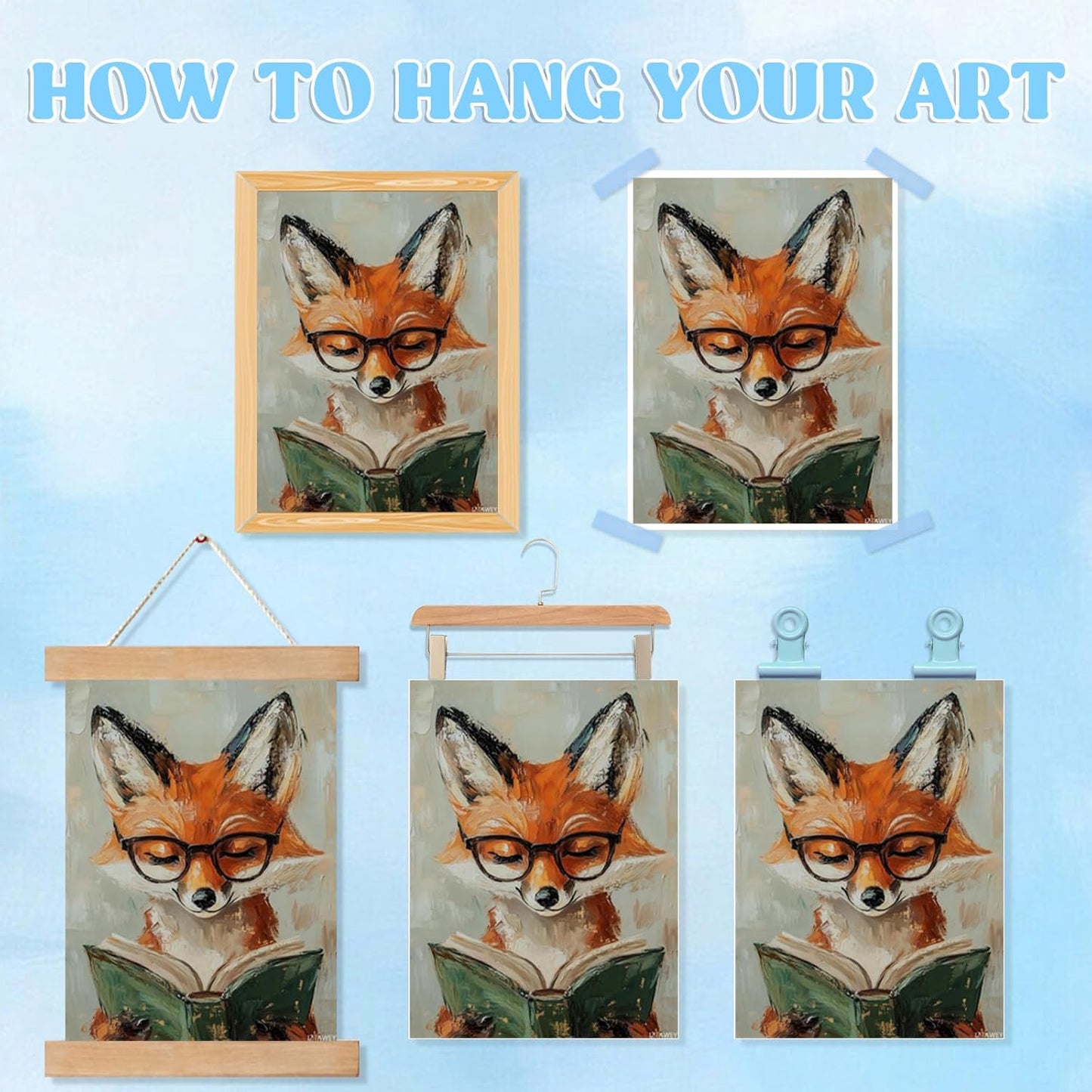 IZTAWEY Cute Fox Reading Book Retro Rustic Poster Wall Art Canvas Print Artwork Aesthetic Picture Painting Room Decor for Living Room Office Bedroom Wall Art Decortion Unframed 12x16inch