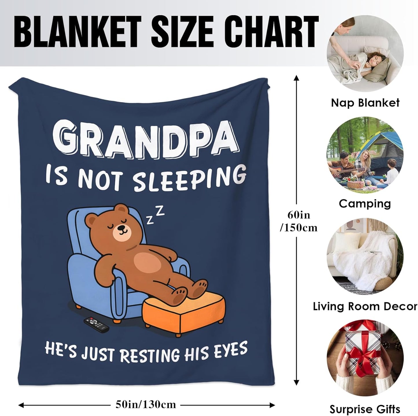 Funny Birthday Gifts for Grandpa, Grandpa is Not Sleeping Blanket, Grandpas Gifts for Father's Day from Grandkids, Soft Flannel Throw Blanket for Grandfather Napping 60"x 50"(Blue)