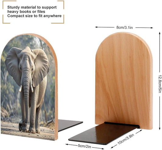 Elephant Bookends 1 Pair Heavy Duty Book Ends for Shelves Non-Skid Bookend Supports Wooden Book Holders with Metal Base Desk Organizers Books Storage to Hold Books