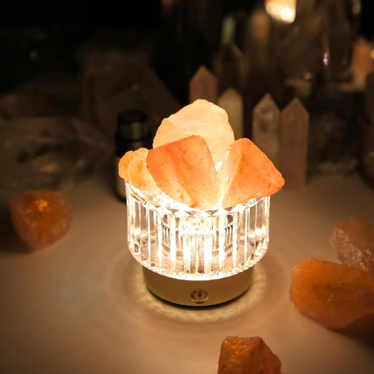 MYDAYS&DESIGN Salt Lamp Natural Pink Crystal Himalayan Salt Rocks, LED Light Dimmer with 3 Levels Cordless, Crystal Lamp Night Light Rechargeable for Room Home Decor Relaxation Ambiance
